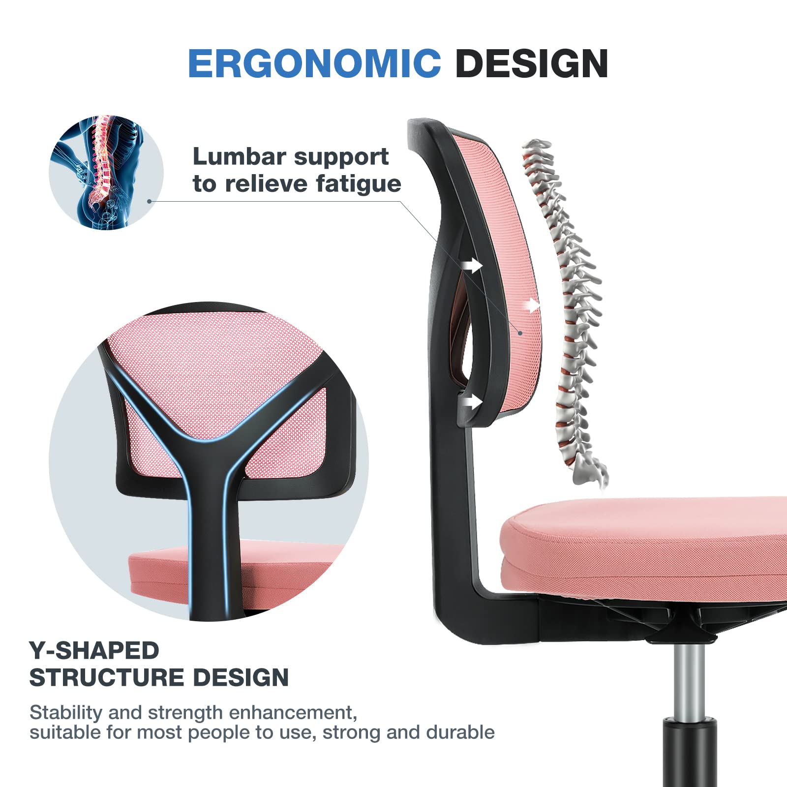 NEWBULIG Small Office Chair Armless with Wheels - Swivel Desk Chair with Lumbar Support & Height Adjustable - Ergonomic Computer Chair for Home Office, Study Room, Vanity & Small Spaces