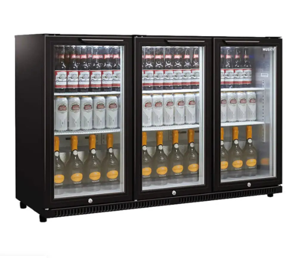 HUS C3 840 BLK 307L Triple Door Commercial Back Bar Refrigerator - Black - Ideal for Bars, Restaurants, and Catering Businesses