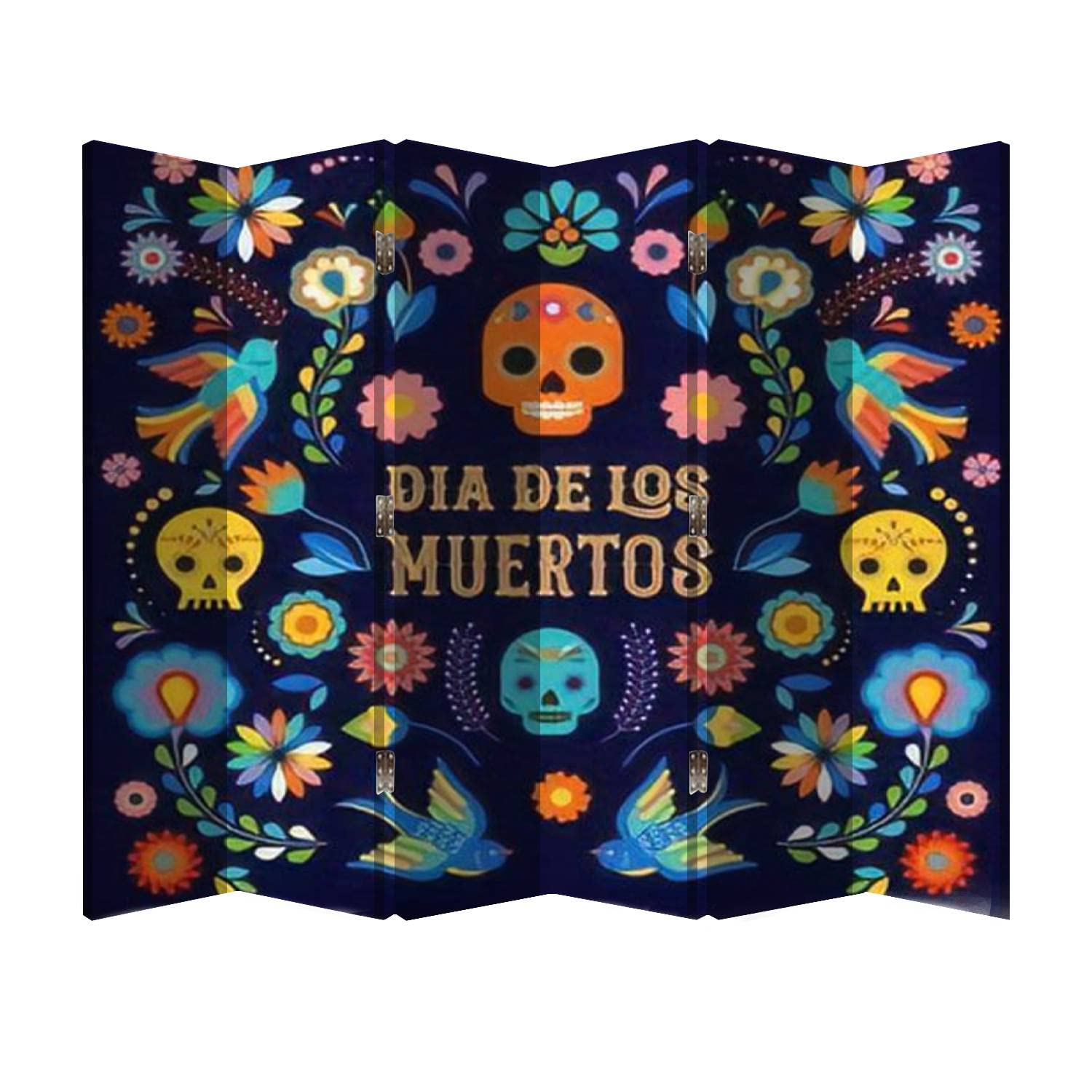 6-Panel Mexican Day of The Dead Canvas Room Divider - Colorful Dia de Los Muertos Wooden Folding Privacy Screen for Office, Home & Events | Perfect for Room Partition, Wall Decor & Party Backdrop