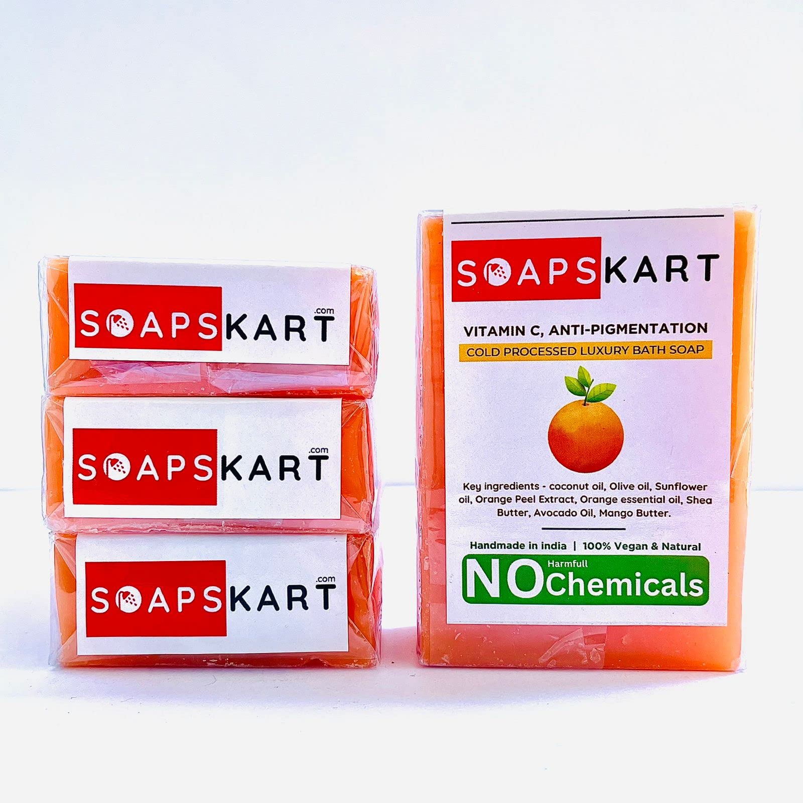 SOAPSKART Vitamin C Orange Handmade Cold Process Soap - 100% Natural, Toxin-Free, Chemical-Free (Pack of 4 x 100g) - Brightening & Moisturizing for Glowing Skin, Perfect for Daily Face & Body Cleansing
