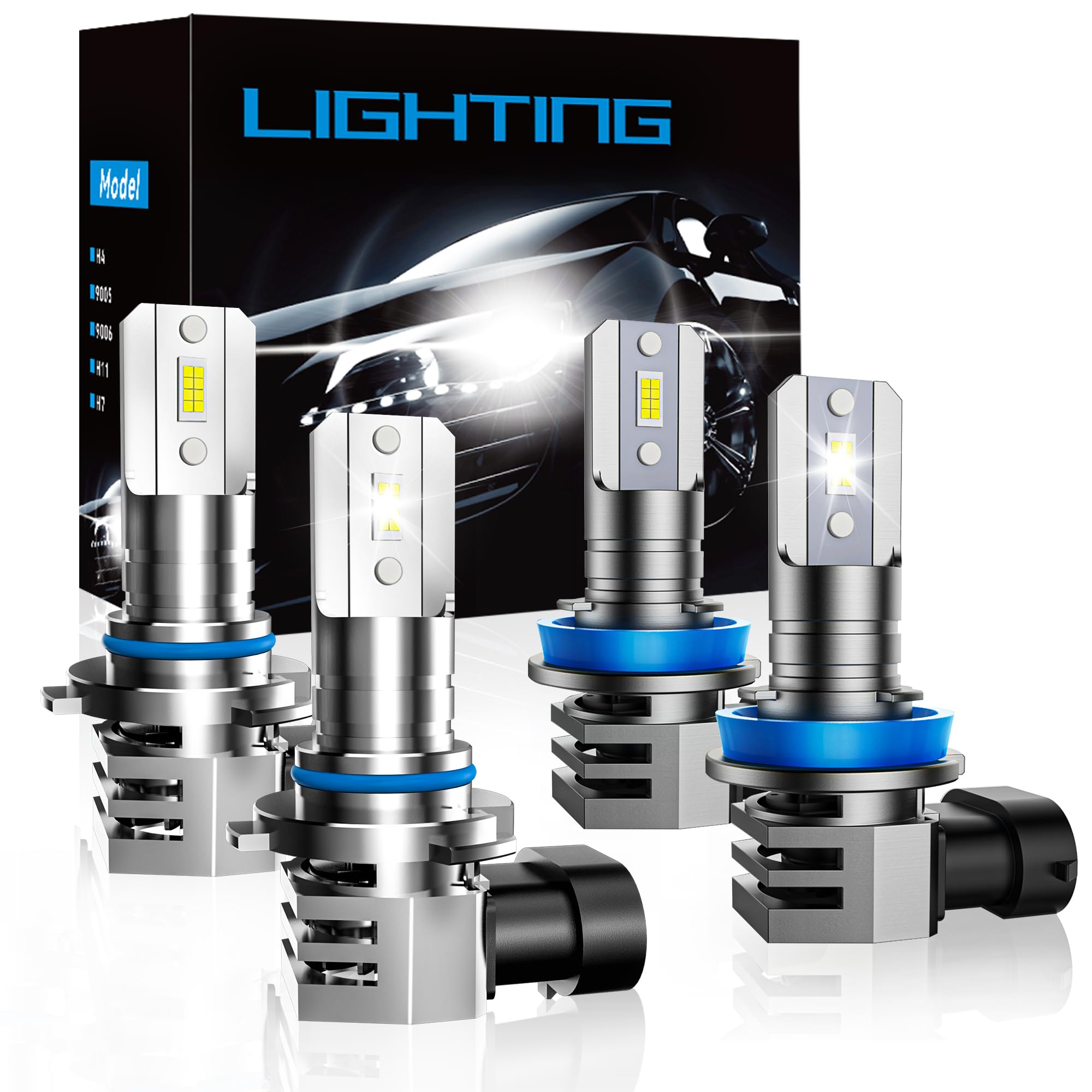 9005/HB3 H11/H8/H9 LED Bulb Combo - 60W 16000LM 6000K Cool White Fog Lights with 12000RPM Cooling Fan - Plug & Play Pack of 4 - Perfect for Cars, Trucks, SUVs & Off-Road Vehicles