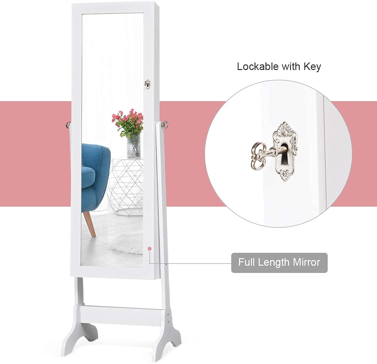 Lockable Mirrored Standing Jewelry Armoire Organizer - Large Jewelry Storage Cabinet with Full-Length Mirror, 4 Adjustable Hooks & 2 Drawers, 2-in-1 Jewelry Box Organizer (White) - Perfect for Bedroom, Closet, or Dressing Room Organization