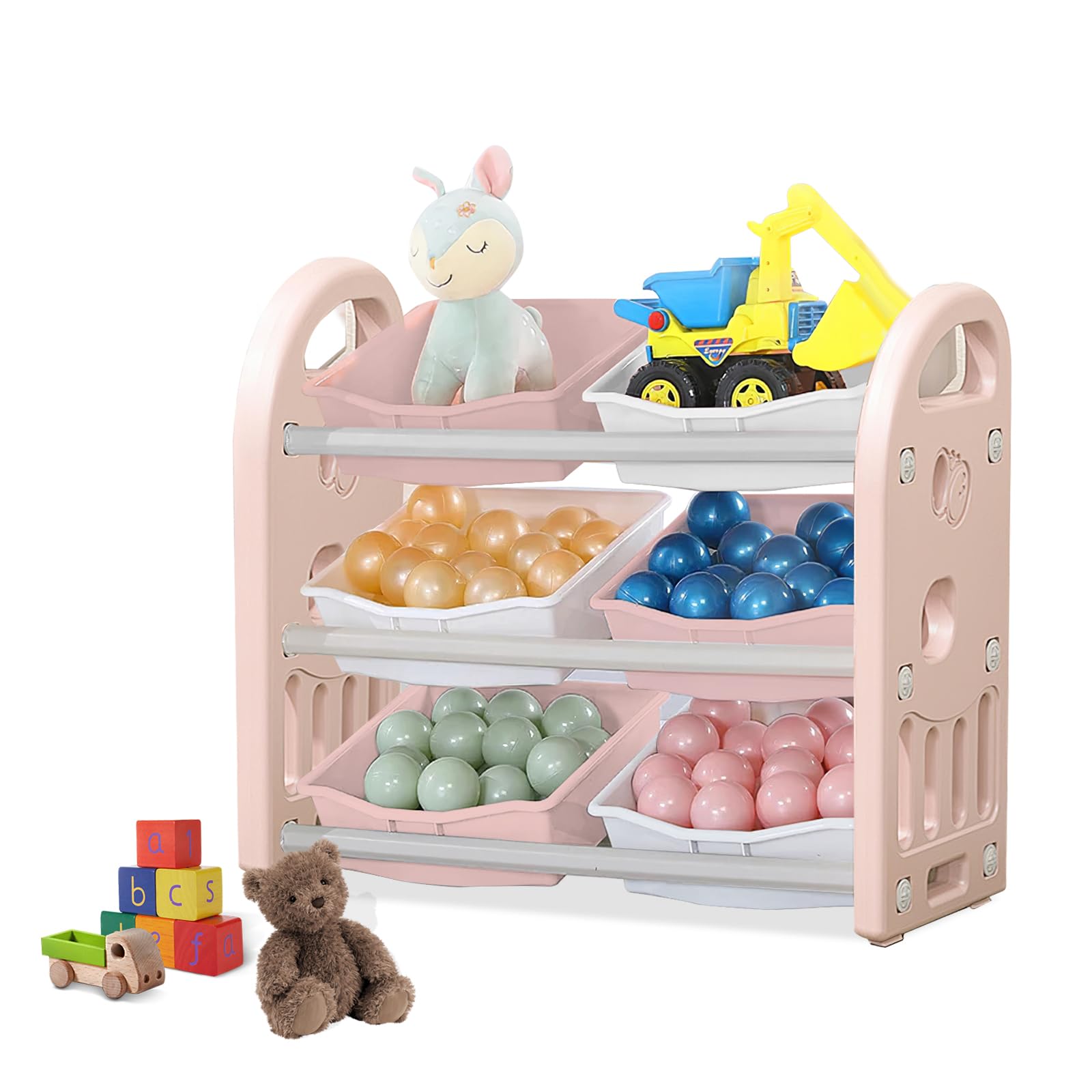 Pink Toy Storage Organizer with 6 Bins - Kids Bookshelf & Playroom Cabinet - Multifunctional Living Room Storage Solution for Toys, Books & Home Organization