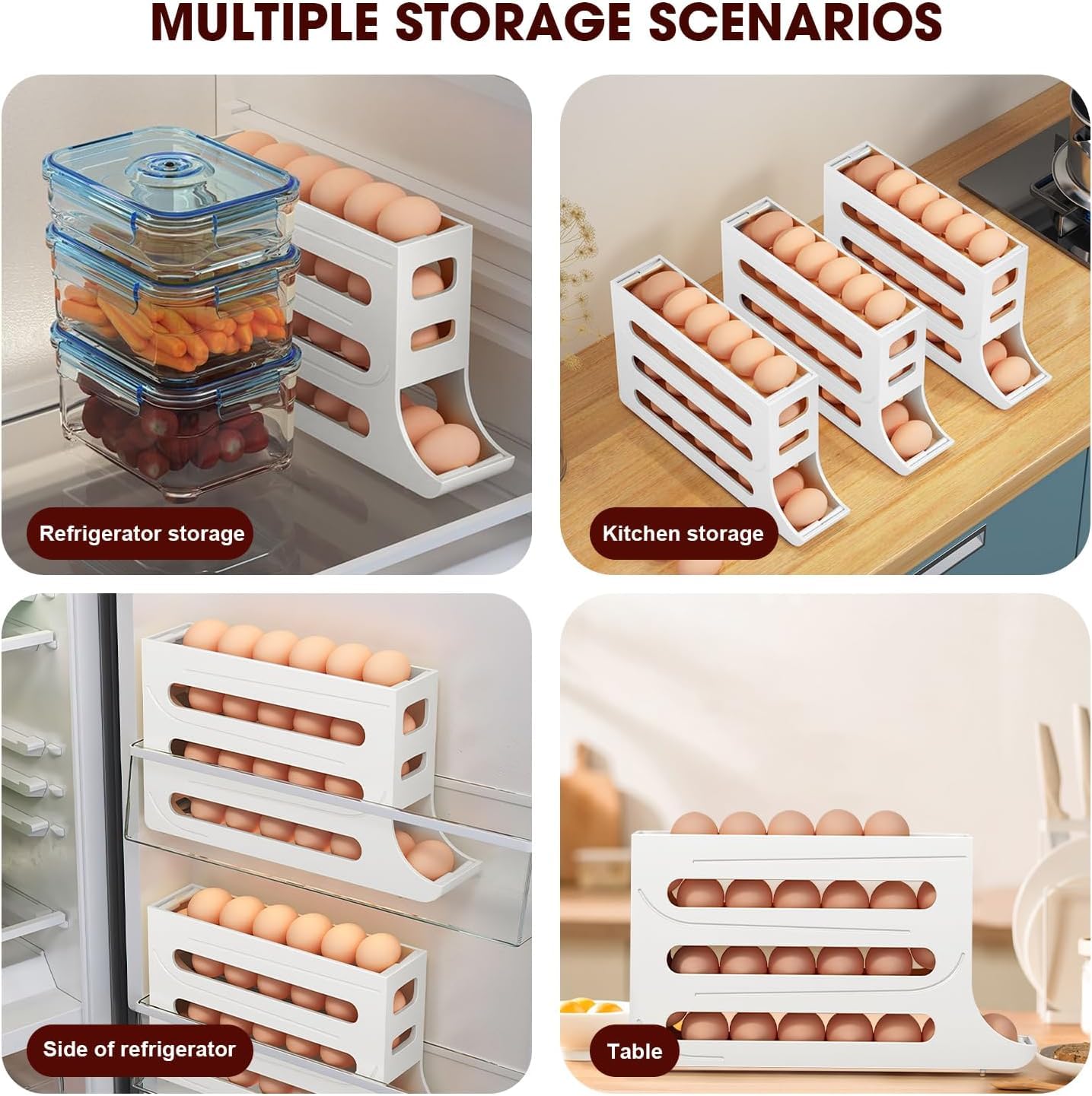 4-Tier Auto Rolling Egg Holder for Refrigerator - Large Capacity 30 Egg Organizer & Dispenser Storage (White) | Traboto-0011 | Perfect for Kitchen Organization & Fresh Egg Storage