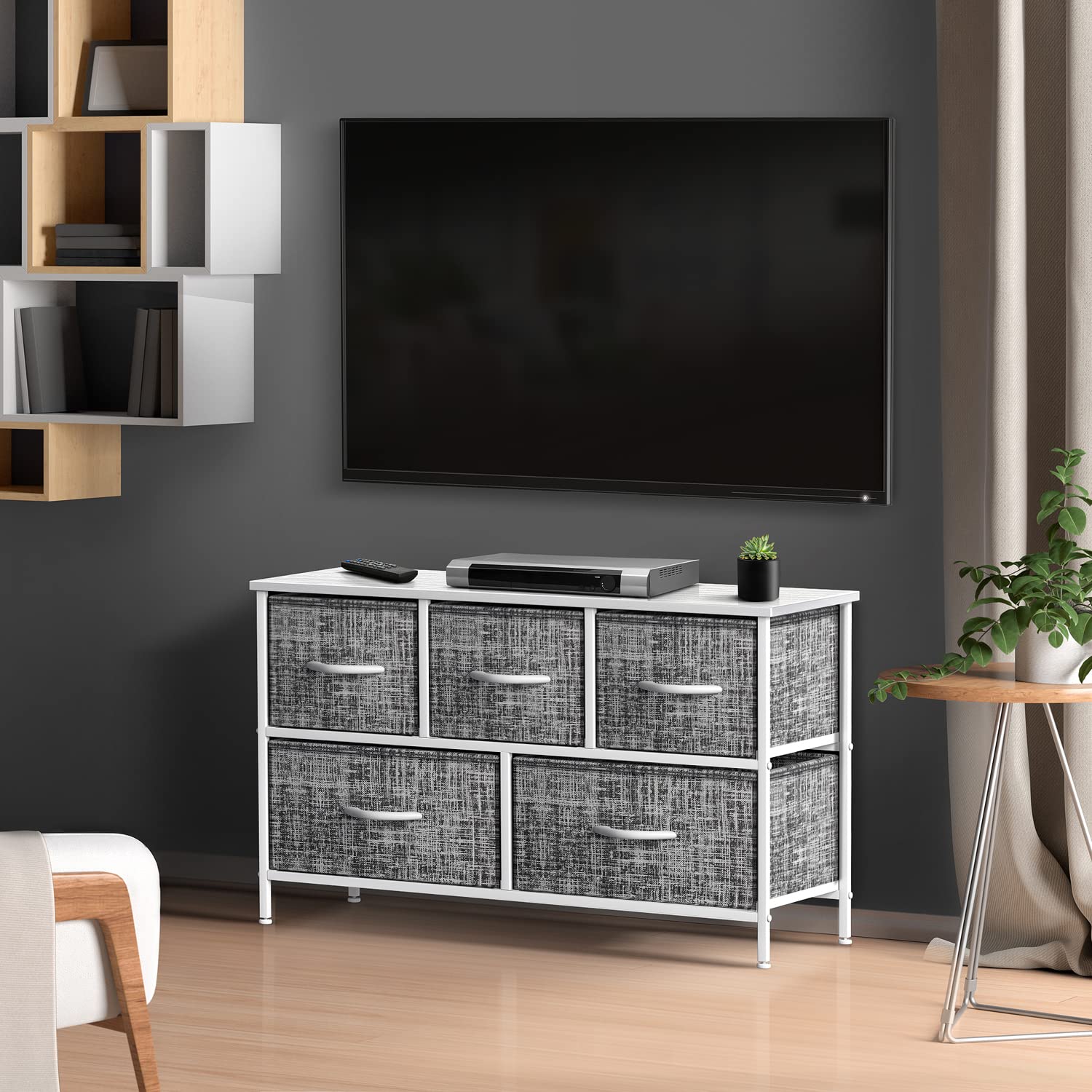 Sorbus 5-Drawer Dresser with Steel Frame & Wood Top - Storage Chest Organizer with Easy Pull Fabric Bins - Wide TV Stand for Bedroom, Hallway, Closet & Office Organization - Perfect for Small Space Storage & Home Decor