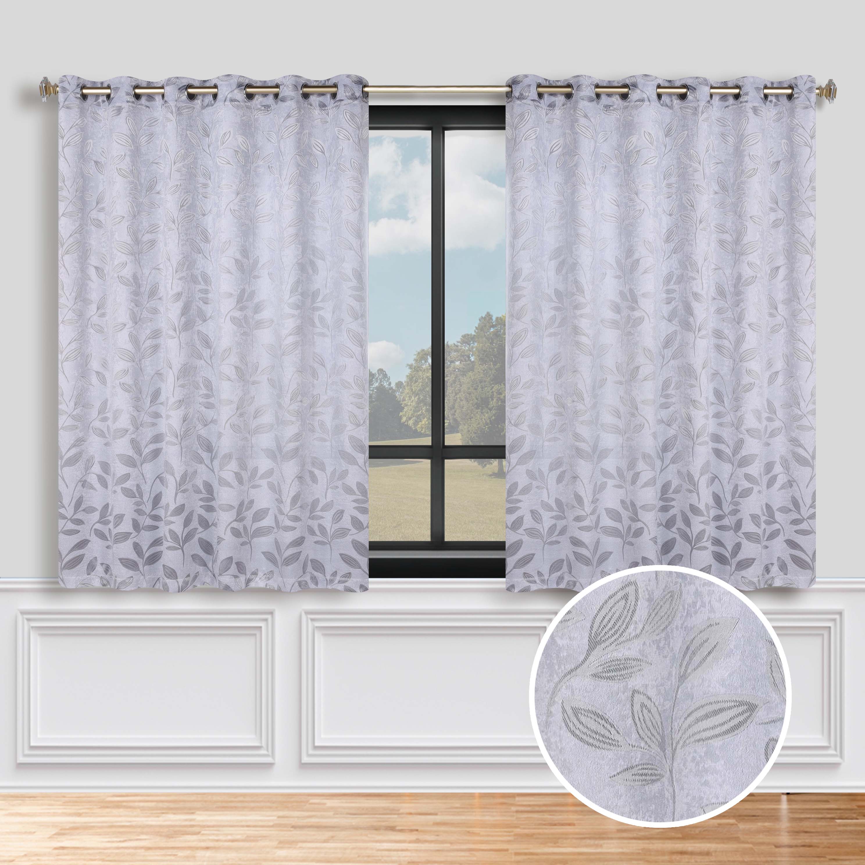 Blackout Curtain Panels Set of 2 - Leaves Design Room Darkening Grommet Drapes for Bedroom & Living Room - Noise Reducing & Thermal Insulated Window Treatments