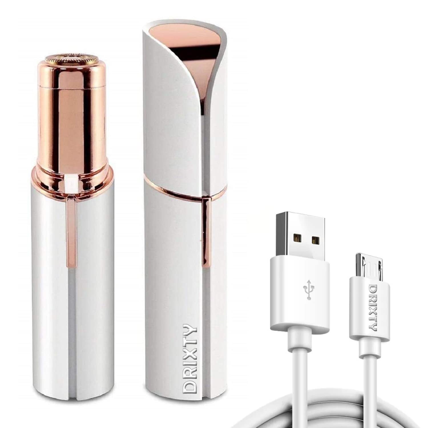 DRIZA Skincare Facial Hair Removal Machine for Women - Painless Hair Remover for Chin, Cheek, Eyebrow & Upper Lip - USB Rechargeable Lipstick Design (White) - Perfect for Home Use & Travel Beauty Routine