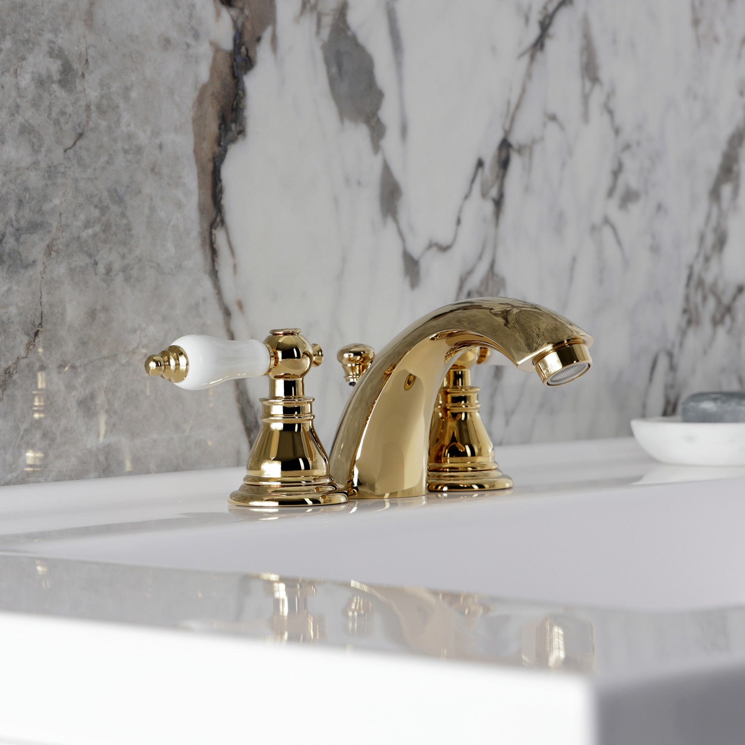 American Patriot KB952APL 3-Hole Mini Widespread Bathroom Faucet - Two Handle Deck Mount with Pop-Up Drain - Polished Brass Finish - Perfect for Small Bathrooms & Powder Rooms