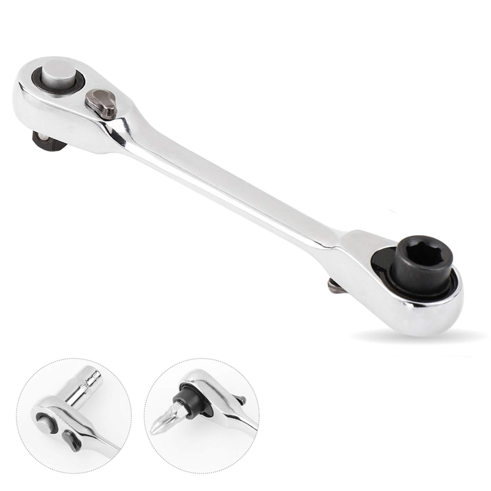 1/4 Inch Mini Double Headed Ratchet Wrench Set - 72 Tooth Drive, 5° Quick Release Rotator with Socket & Screwdriver Bits - Silver (Perfect for Tight Spaces, Automotive Repair & DIY Projects)