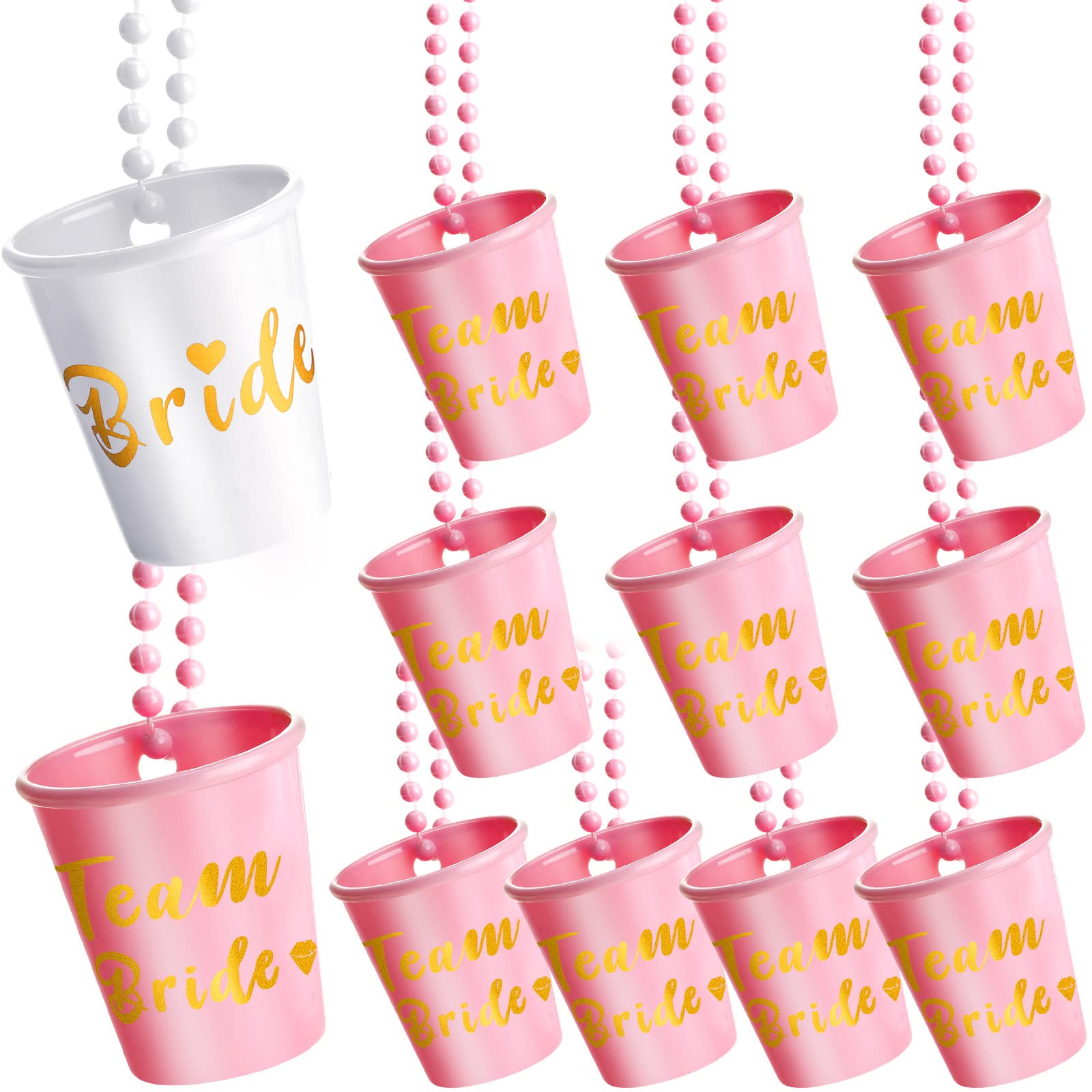 12 Pack Team Bride & Bridesmaid Shot Glass Necklaces - Gold Foil Bachelorette Party Decorations with Beaded Chains - Perfect for Wedding Showers, Bachelorette Parties & Bridesmaid Gifts (Pink)