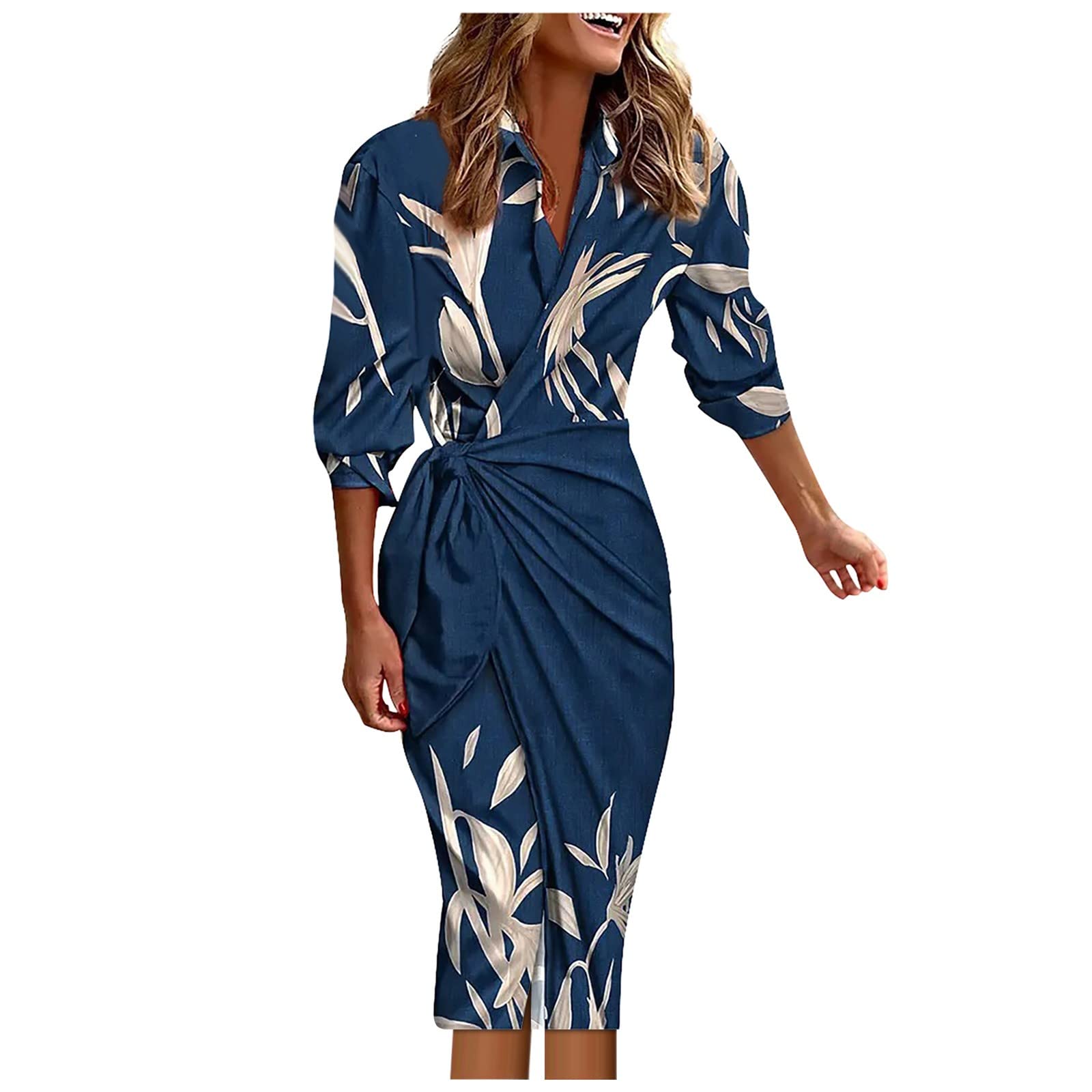 Plus Size Women's Striped Shirt Collar Long Sleeve Tie Dress - Mid-Length Office & Travel Outfits for Work & Vacation