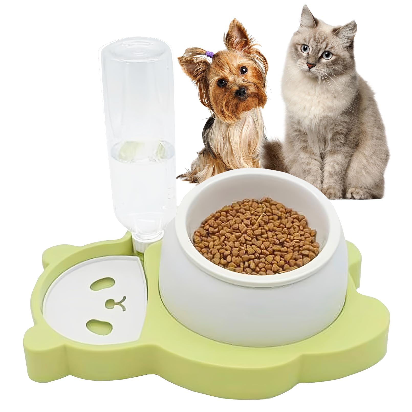Kathson Elevated Double Dog & Cat Bowl Set - Tilted Raised Ceramic Pet Food & Water Dishes with No-Spill Automatic Water Dispenser - 5-in-1 Function for Cats & Small Dogs (Green) - Perfect for Home, Kitchen & Pet Feeding Stations