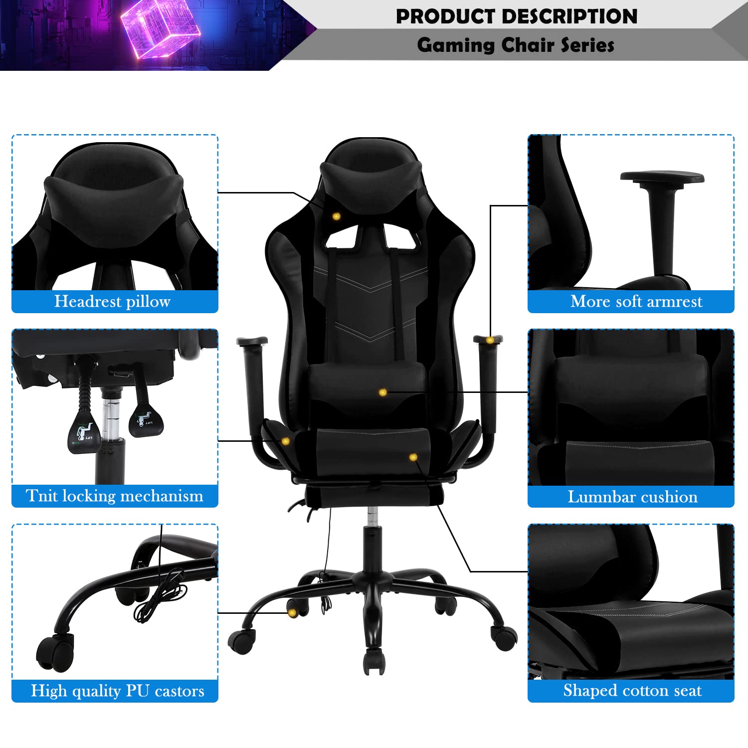 Ergonomic Gaming Chair with Adjustable Height, Swivel & Rolling Wheels - PU High Back Office Chair with Headrest, Footrest & Lumbar Massage Support - Perfect for PC Gaming, Home Office & Workstations