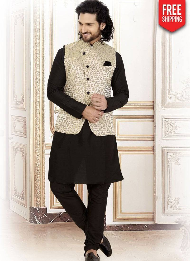 Black Silk Kurta Pajama Set for Men - Traditional Indian Ethnic Wear for Festivals, Weddings & Special Occasions