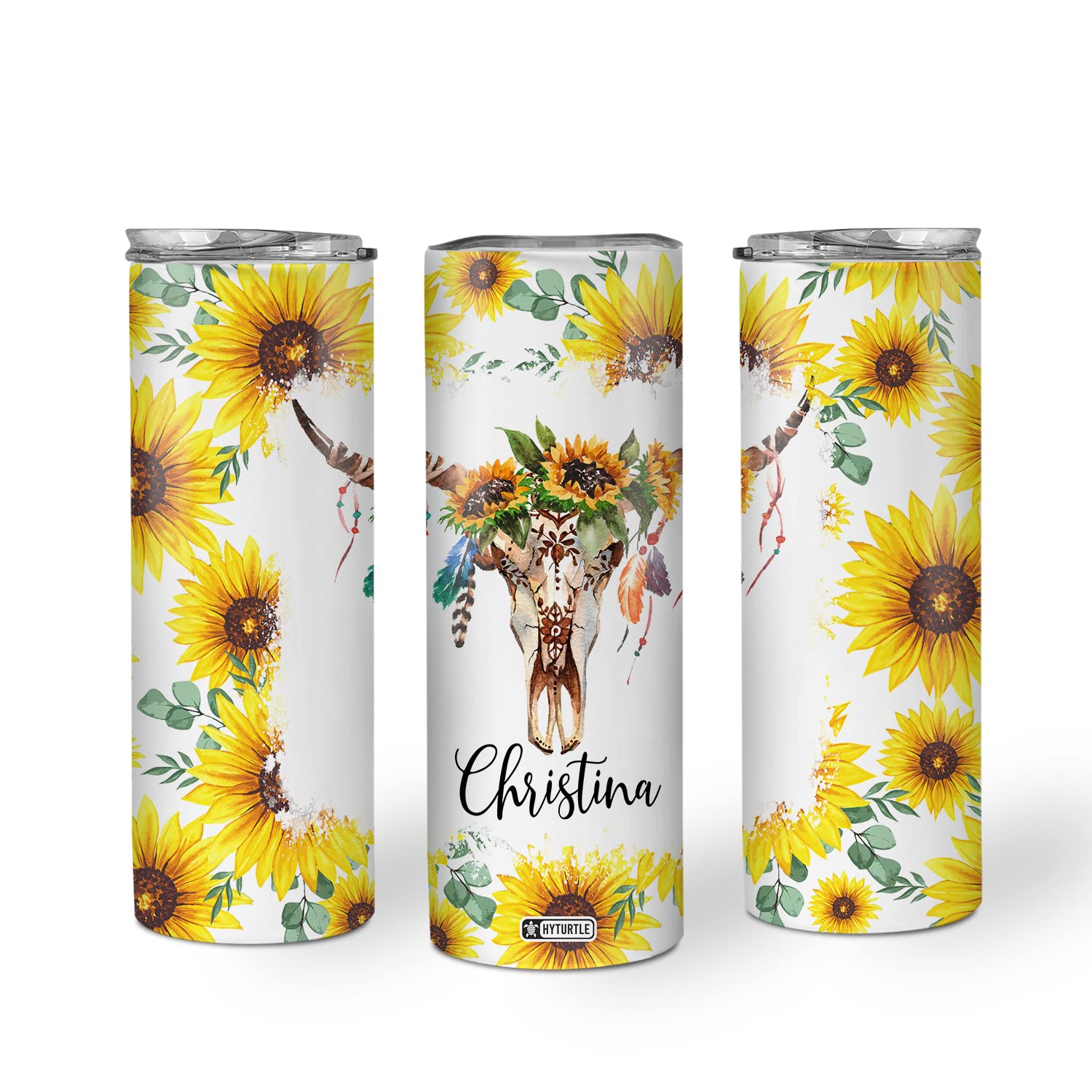Personalized Cow Skull Skinny Tumbler 20oz - Custom Name Stainless Steel Insulated Cup - Unique Cow Lover Gift for Women & Girls - Birthday Present with Sunflower Design - Perfect for Coffee, Tea & Cold Drinks at Home, Office or Travel
