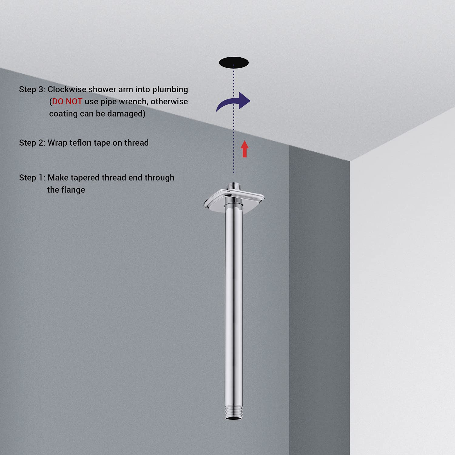12 Inch Chrome Ceiling Mounted Shower Arm with Flange - Straight Extension Arm for Rainfall Shower Head | Perfect for Modern Bathroom & Spa-Like Shower Experience
