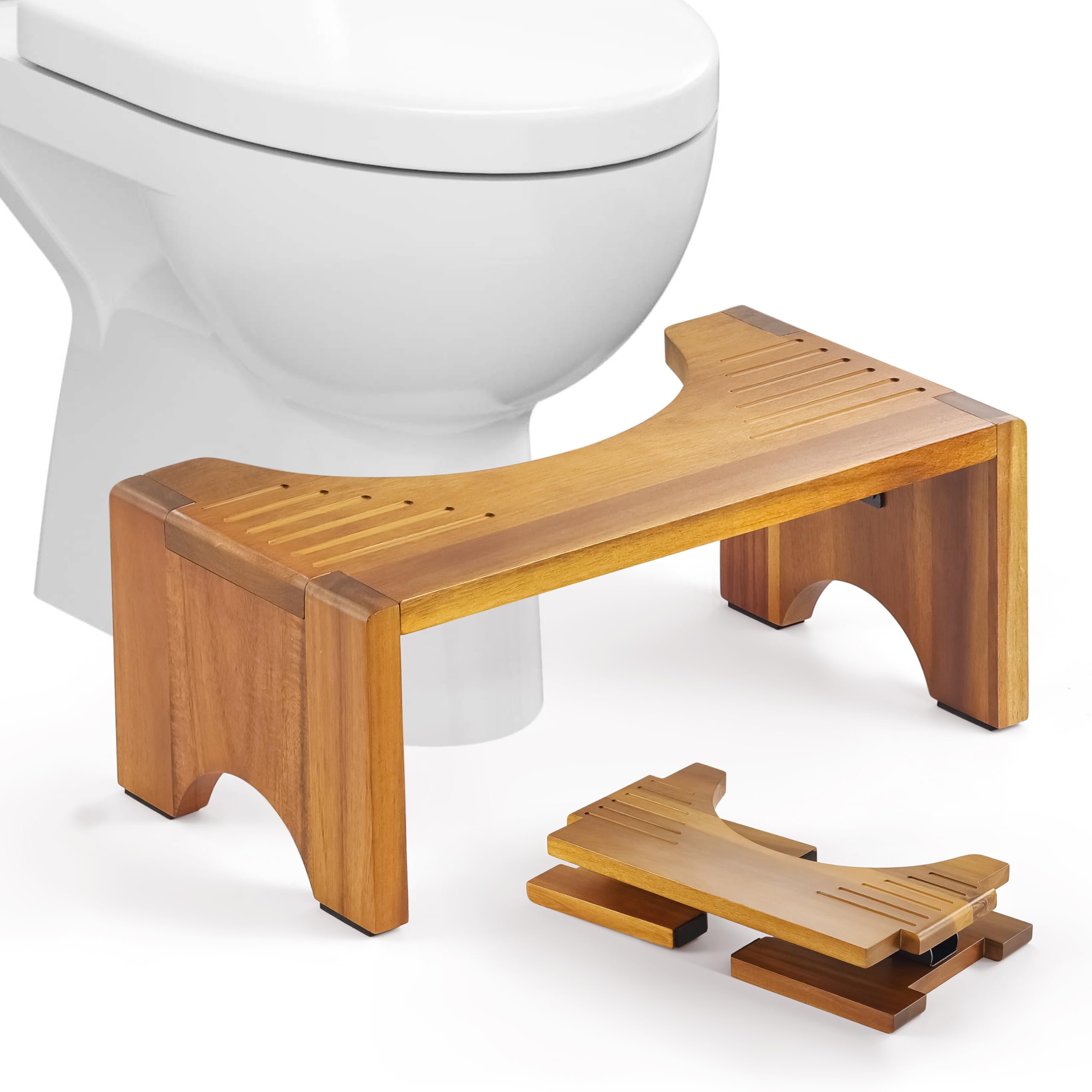 LotusSway Foldable Toilet Stool - 7 Inch Acacia Wood Bathroom Stool for Adults & Seniors | Non-Slip Grooved Design | Potty Training Aid | Improves Posture for Comfortable Bowel Movement | Perfect for Home, Travel & Elderly Care