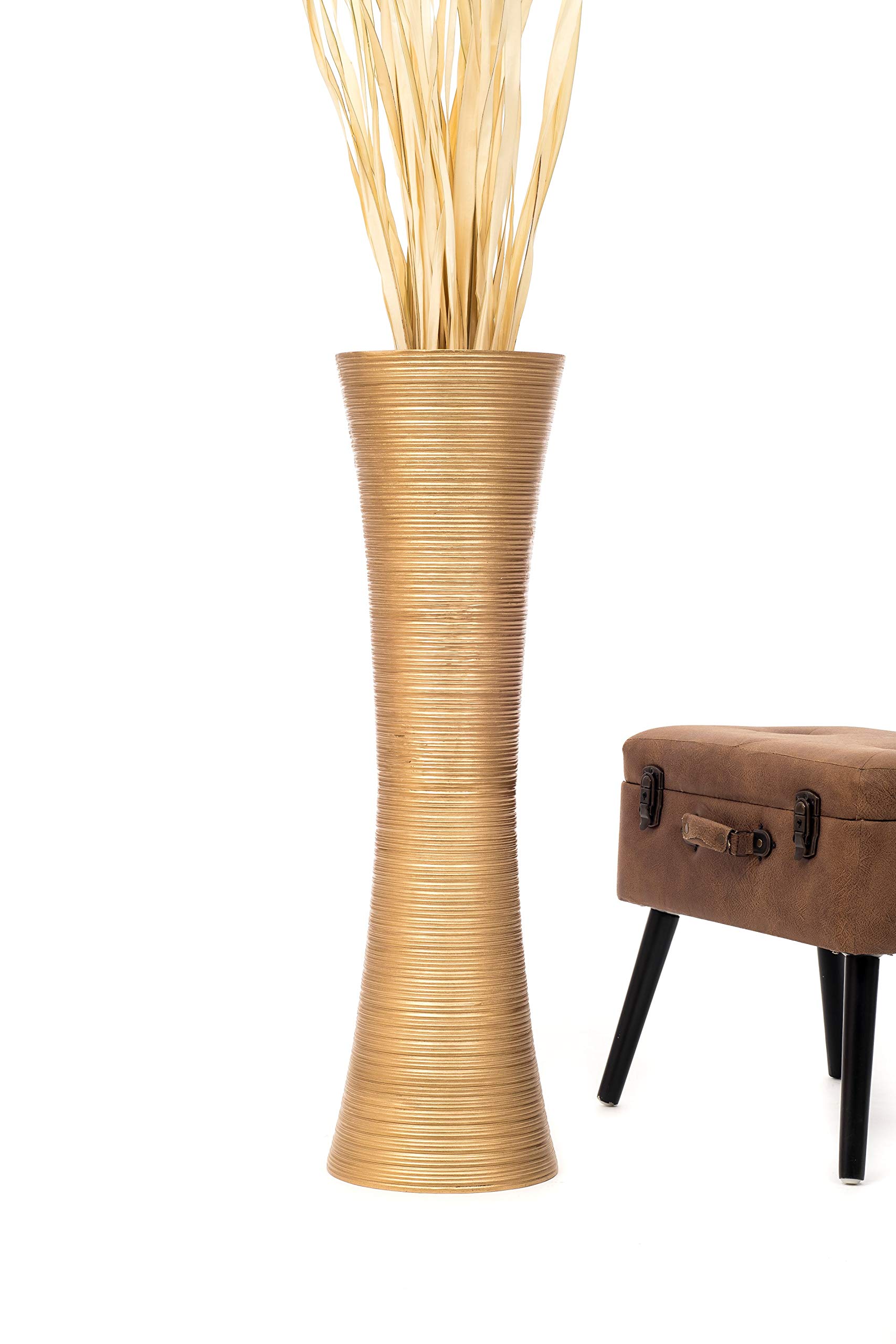 Leewadee 36 Inch Large Gold Floor Vase - Wooden Tall Farmhouse Decor for Flowers, Fake Plants & Pampas Grass - Perfect for Living Room, Entryway & Wedding Decor