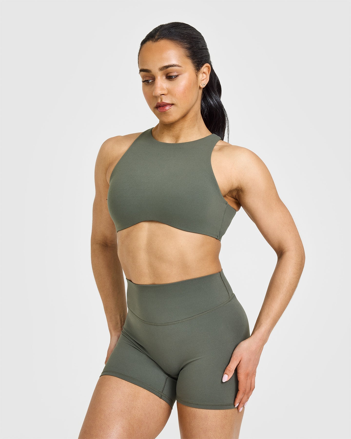 SoftMotion™ High Neck Sports Bra for Women - Dark Khaki | Breathable Workout Top for Yoga, Running & Gym | Plus Size Activewear