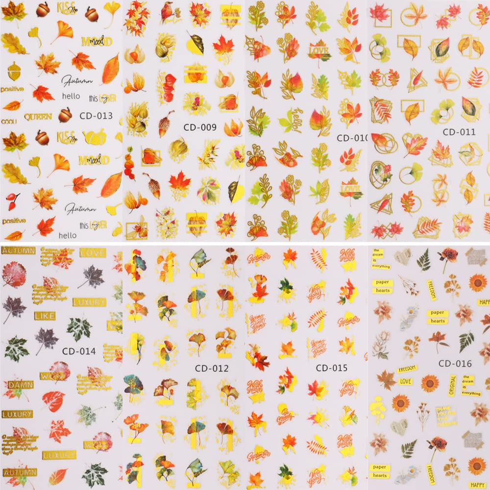 Autumn Maple Leaf Nail Stickers - 3D Self-Adhesive Nail Art Decals with Ginkgo Design for Women & Girls (8 Sheets) - Perfect for Fall Nail Art, Thanksgiving Parties, and Seasonal Manicures
