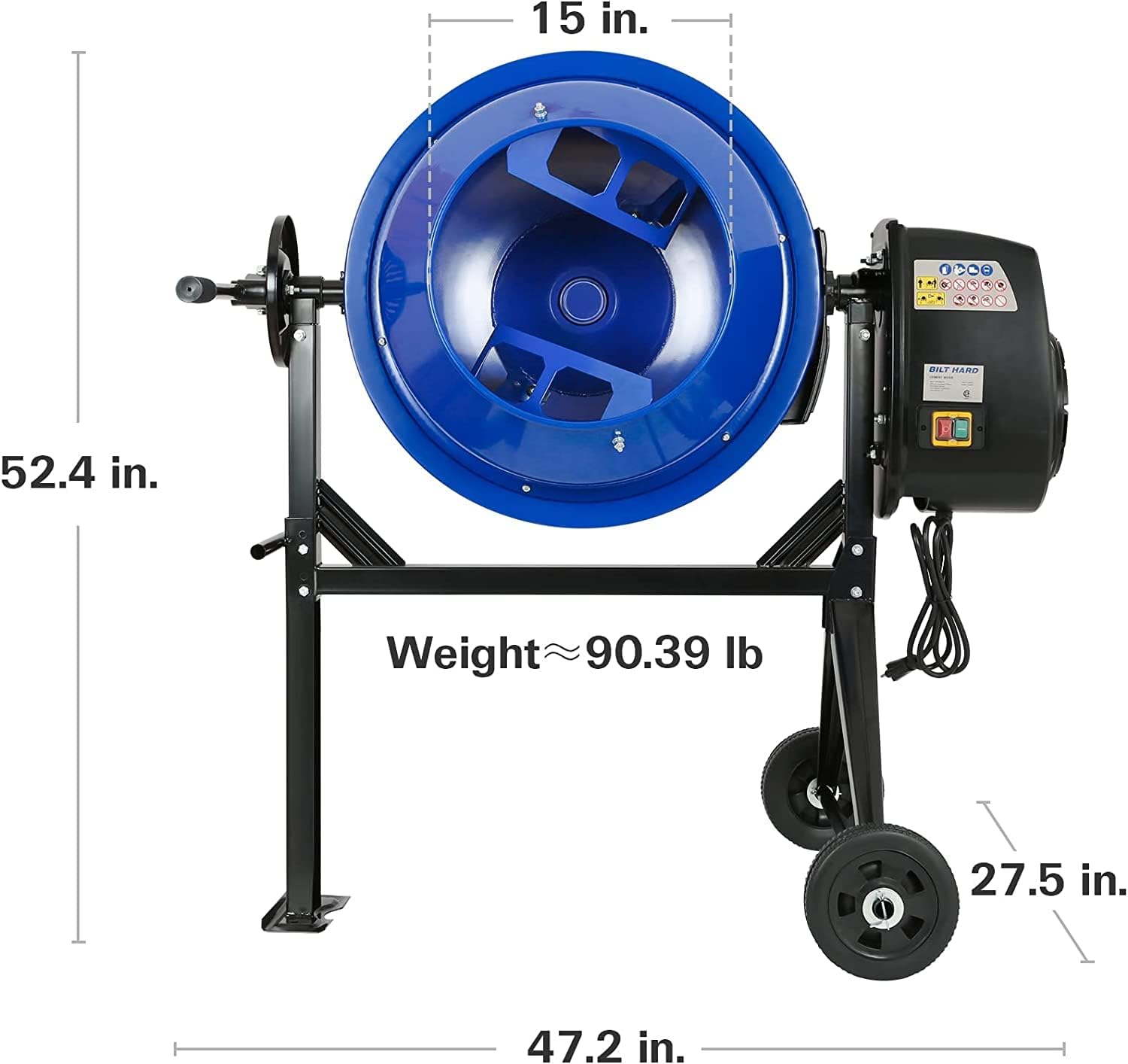 BILT HARD 4 Cubic Ft 550W Electric Cement Mixer - Portable Concrete Mixer Machine with Wheels for Stucco, Mortar & DIY Projects - Perfect for Construction Sites, Home Renovations & Backyard Projects