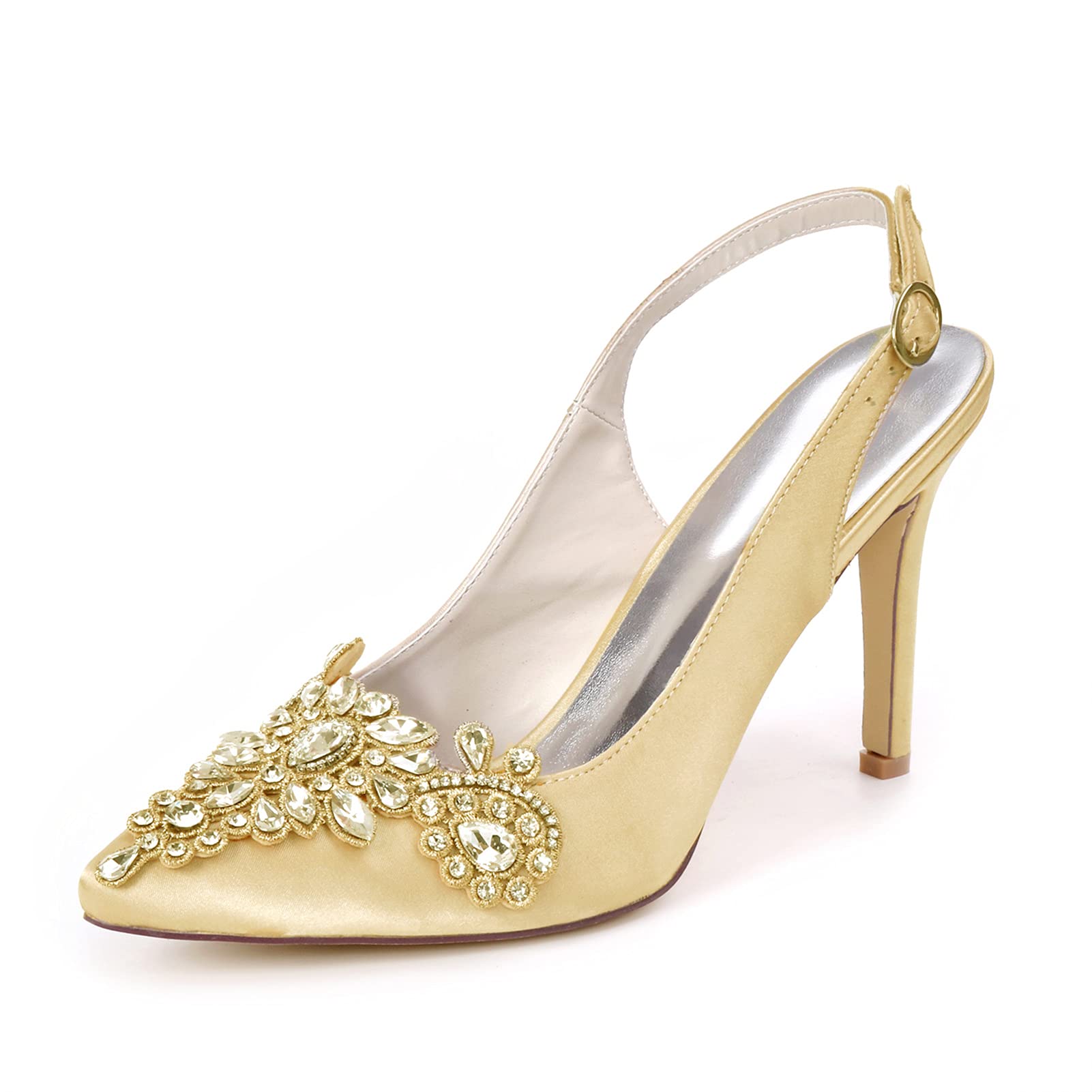 Elegant Pointed Toe Satin Bridal Heels - Gold Slingback Wedding Shoes for Bride & Bridesmaids | Perfect for Prom, Party & Formal Occasions | Size 42
