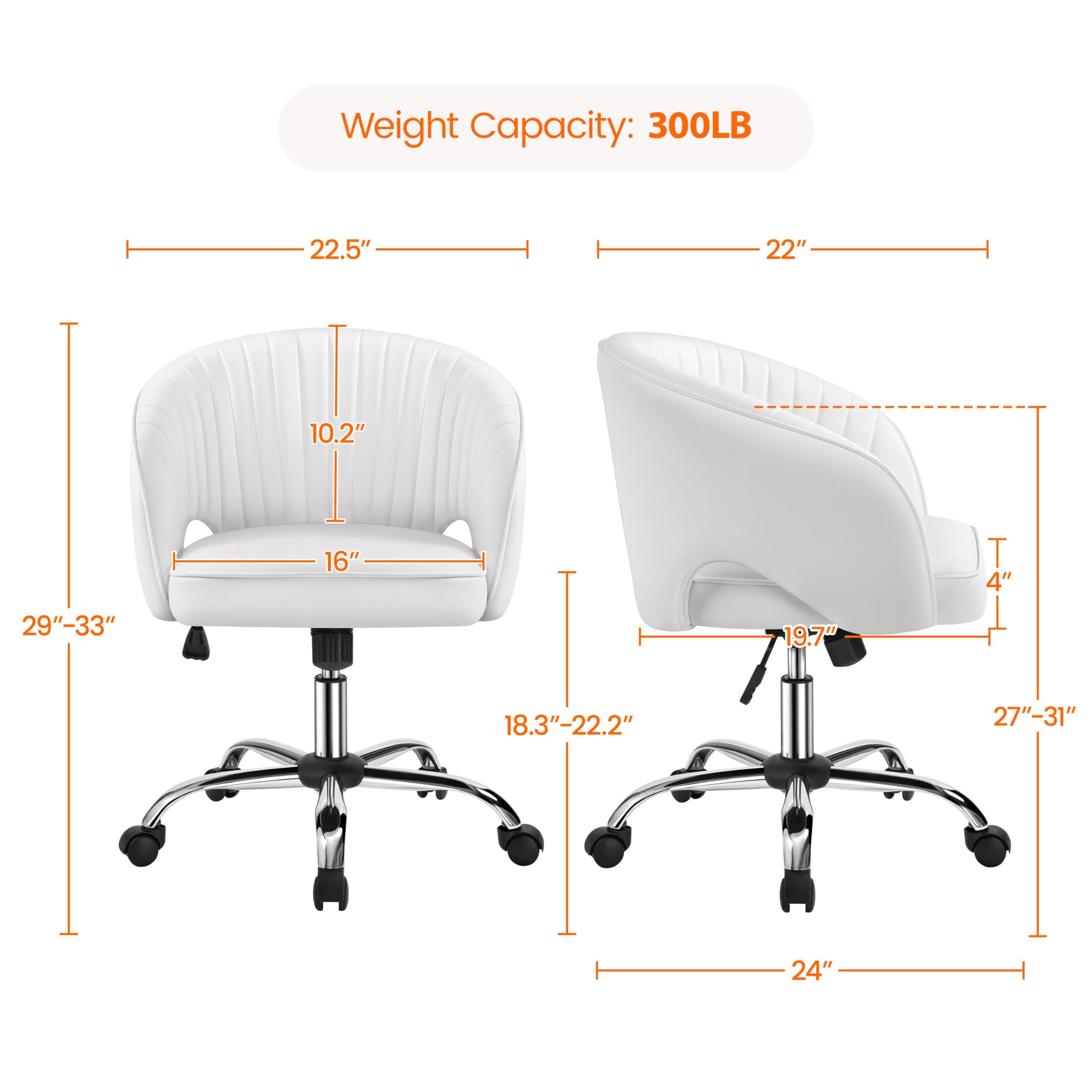 Yaheetech Faux Leather Office Chair - Modern Swivel Desk Chair with Tufted Barrel Back & Rolling Wheels - Ergonomic Computer Chair for Home Office, Study Room, Bedroom & Vanity (White) - Perfect for Remote Work & Online Classes