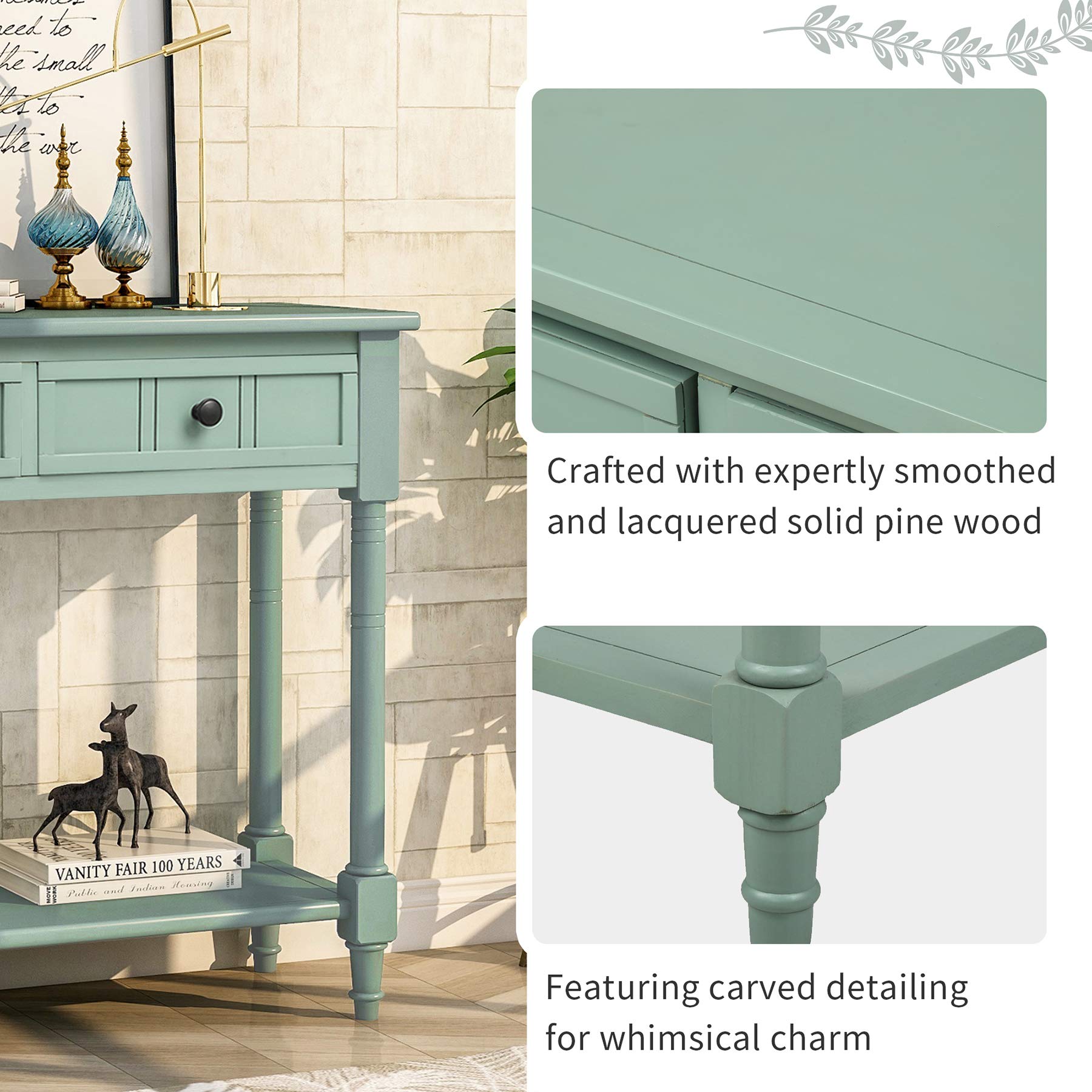 P PURLOVE Wooden Console Table with 2 Drawers & Bottom Shelf - Modern Sofa Table Sideboard for Living Room, Bedroom, Entryway (Tiffany Blue) - Perfect for Hallway Storage & Home Decor