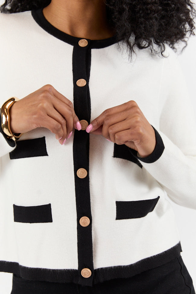 Forever Changing Ivory and Black Contrast Trim Cardigan for Women - Cozy Knit Sweater for Fall & Winter - Perfect for Office, Date Night & Casual Outfits