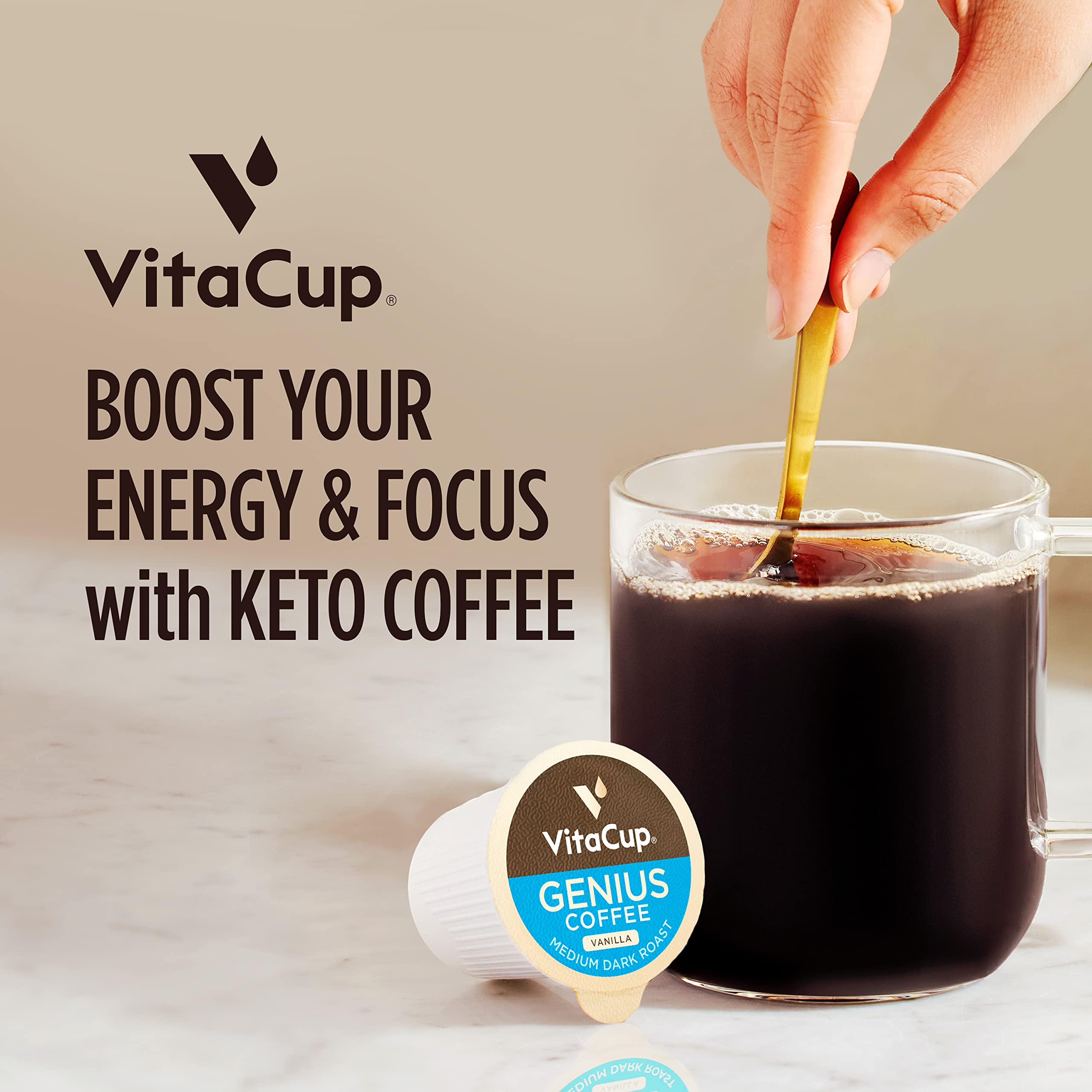 VitaCup Genius Vanilla Keto Coffee Pods with MCT Oil, Turmeric, B Vitamins & D3 - 64 Count Recyclable Single Serve Pods for Keurig 2.0 & K-Cup Brewers | Boost Energy & Focus | Perfect for Keto Diet, Morning Routine & Office Use
