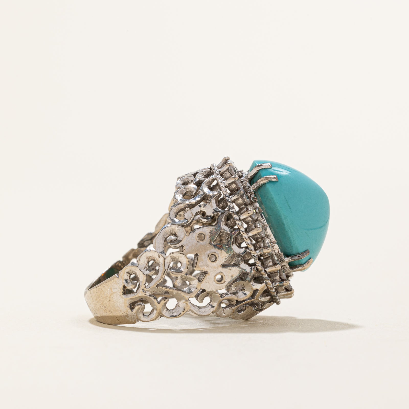 Exquisite 10.00ct Persian Turquoise & 0.70ct Diamond Halo Cocktail Ring - Size 6.25 | Elegant Statement Jewelry for Weddings, Parties & Special Occasions
