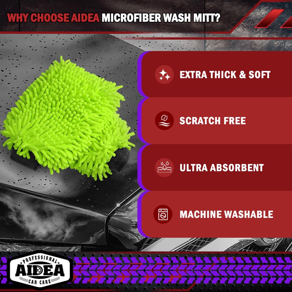 Premium Microfiber Car Wash Mitt - 2 Pack Scratch-Free & Lint-Free Chenille Wash Gloves for Auto Detailing (7.12