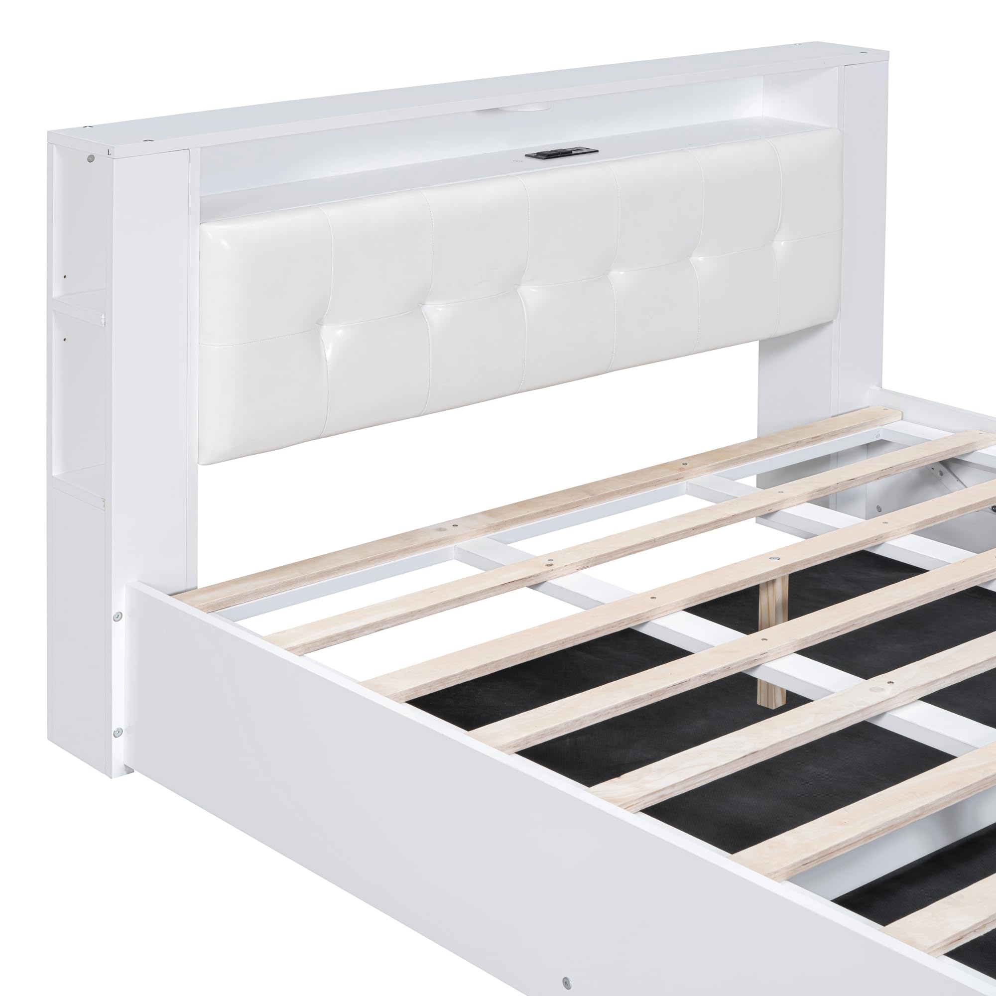 3-Piece Queen Bedroom Set with Tufted Upholstered Platform Bed, Storage Nightstand & Dresser - Motion-Activated Night Lights & USB Charger - Modern White Bedroom Furniture for Master Bedroom, Guest Room or Apartment