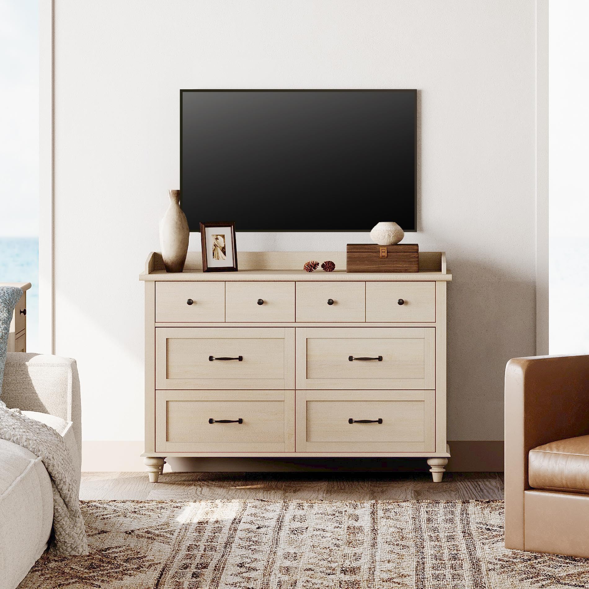 WAMPAT 6-Drawer Wooden Dresser for Bedroom - Solid Wood Legs Kids Chest of Drawers - Storage Organizer for Living Room & Entryway - Elegant Beige Dresser for Home Decor & Clothes Organization