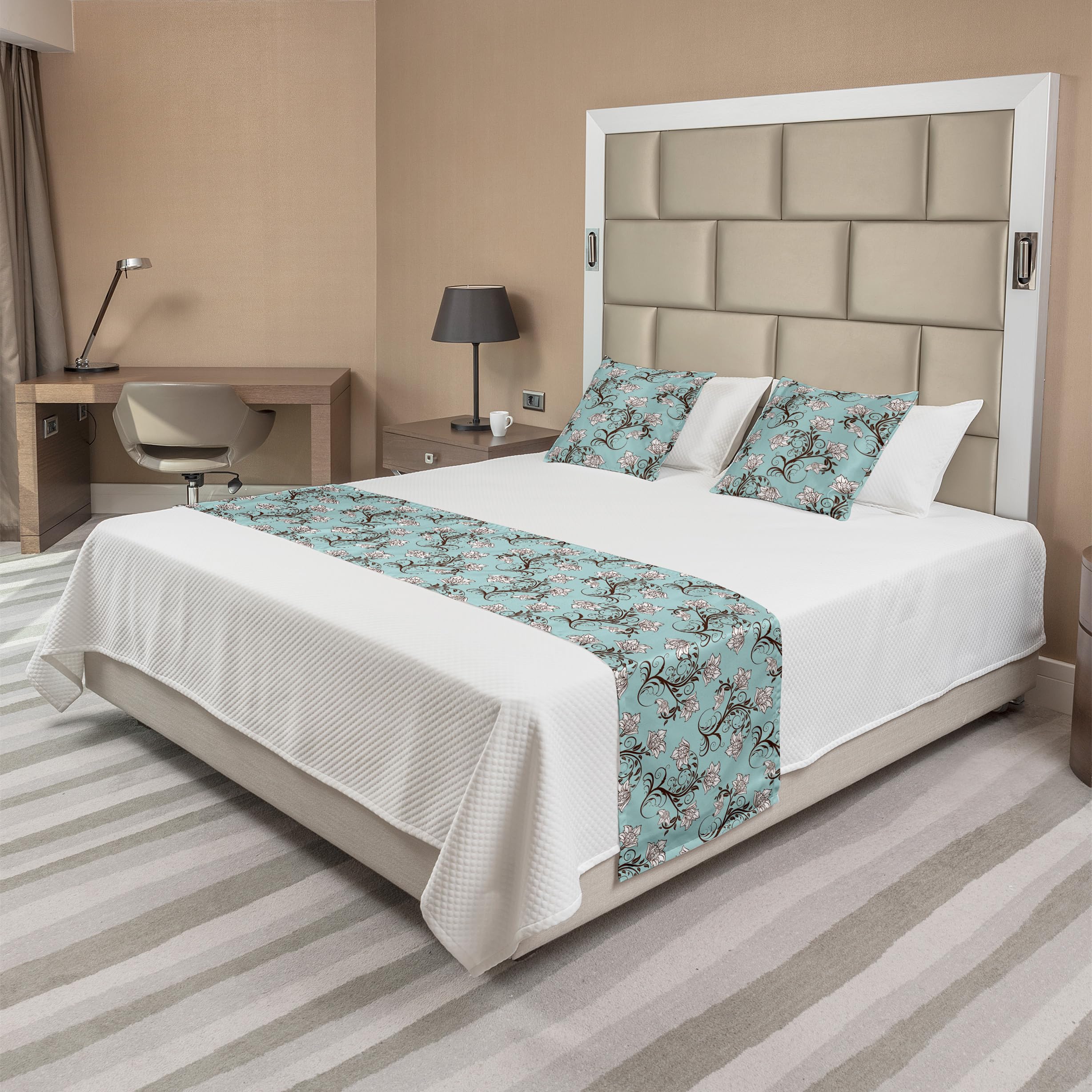Ambesonne Vintage Bed Runner Set with Royal Flower Arrangements, Swirling Branches & Leaves - Decorative Bedding Scarf & 2 Pillow Shams for Queen Size Beds in Seafoam Rosewood | Perfect for Hotels, Homes & Bedroom Decor