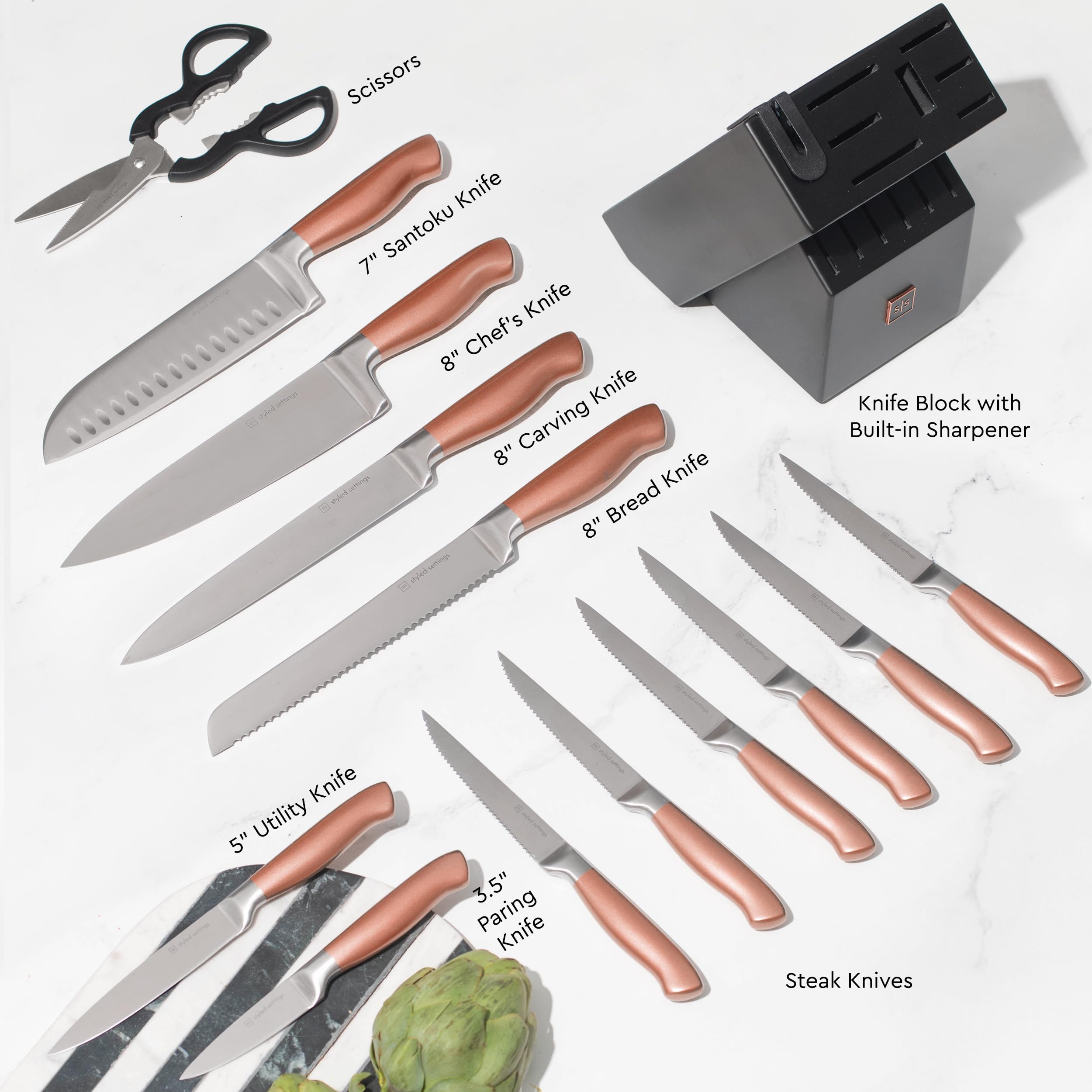 Premium 14-Piece Rose Gold Copper Knife Set with Black Knife Block & Built-In Sharpener - Professional Kitchen Knives for Cooking, Slicing & Food Prep - Perfect Gift for Chefs & Home Cooks (Ideal for Holiday Dinners, BBQ Parties & Everyday Meal Preparation)