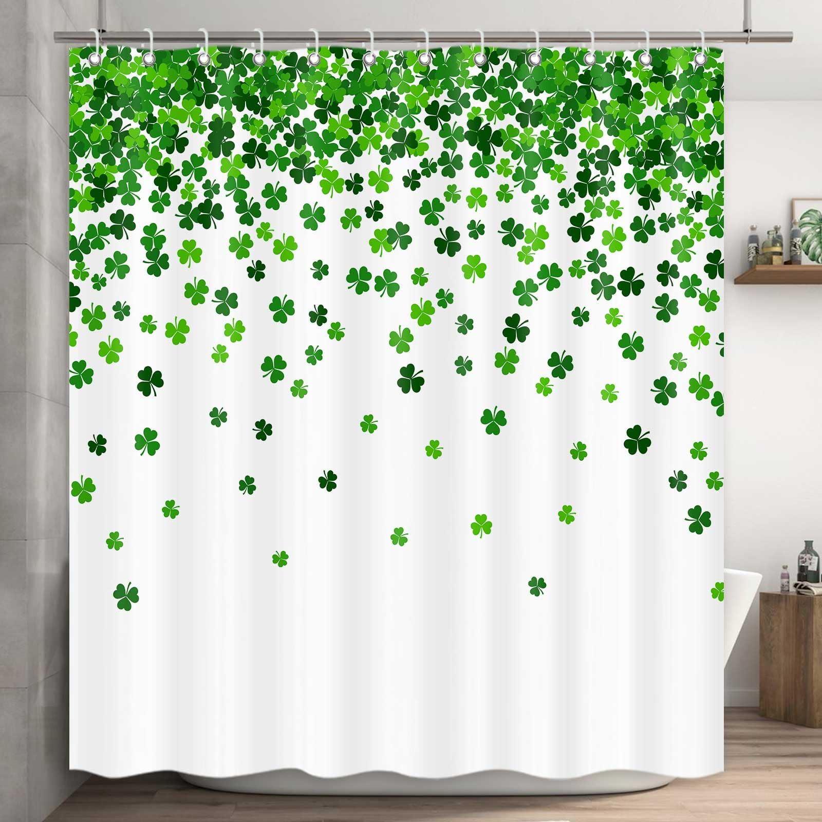 St. Patrick's Day Shower Curtain - Green Clover Shamrock Leaf Design Fabric Bath Curtain with Hooks 72x72 Inches - Irish Themed Bathroom Decor for St. Paddy's Day Party & Home Celebration