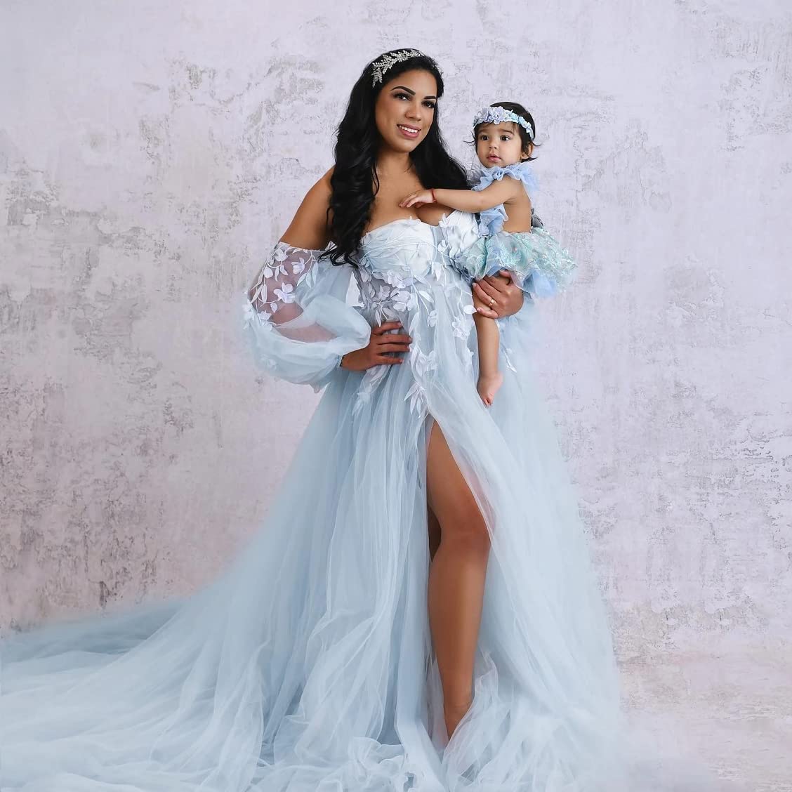 Elegant Long Sleeve Maternity Dresses for Photoshoot, Lingerie, Bridal Robes & Baby Shower - Soft Tulle Pregnancy Gown for Maternity Photos, Wedding & Special Occasions