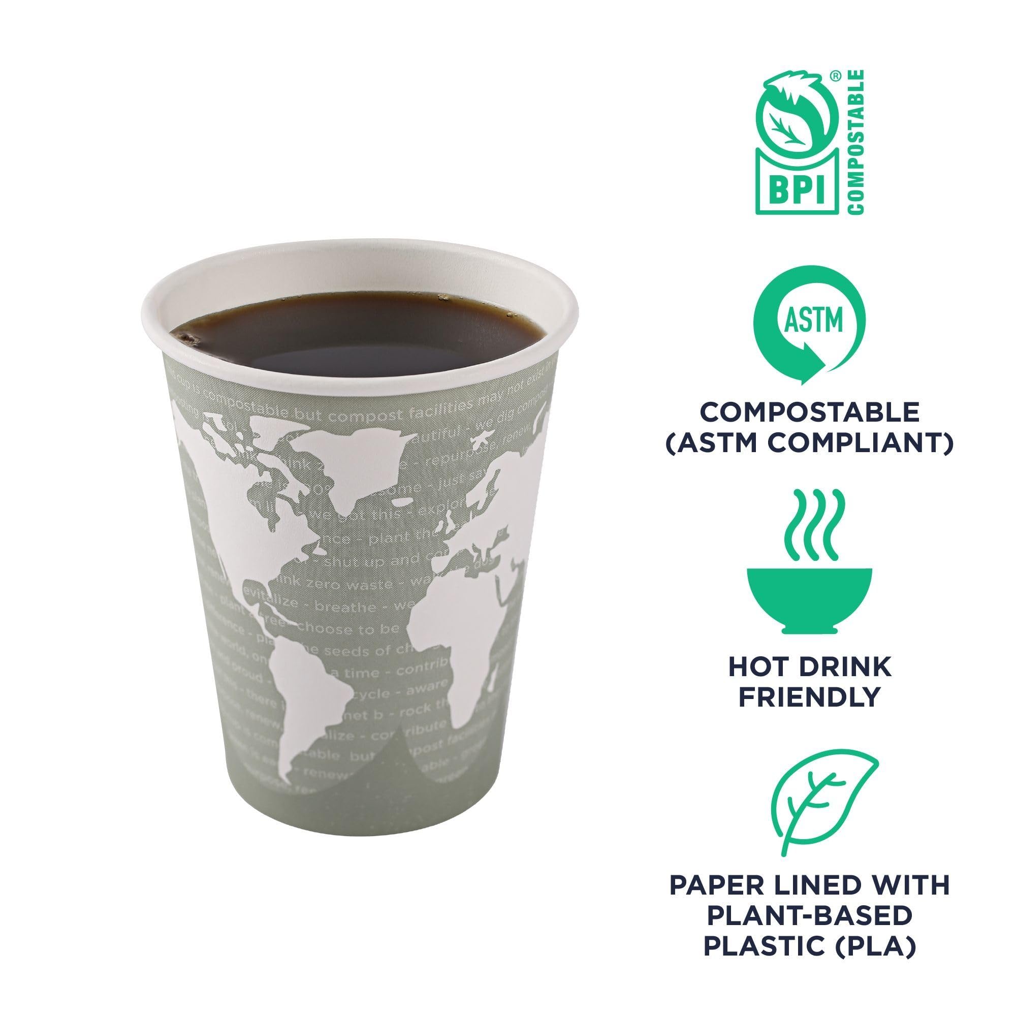 ECO PRODUCTS Compostable 12oz Disposable Coffee Cups - 1000 Count, Plant-Based PLA Lining, Hot/Cold Beverage Containers for Office, Cafes & Events - Biodegradable & Eco-Friendly World Art Design