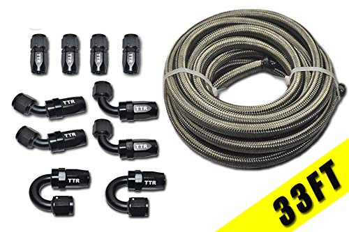 8 AN-8 AN8 Stainless Steel Braided Fuel Line Hose - 33FT E85 Compatible with Swivel Black Fitting Kit (SSAN8BK_KIT_33) - Perfect for Automotive Fuel Systems, Racing, and Performance Upgrades