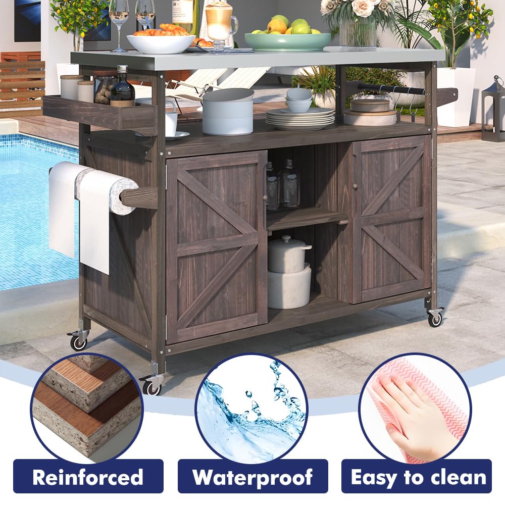 Outdoor Rolling Kitchen Island on Wheels with Storage Cabinet - Solid Wood Mobile Kitchen Cart with Stainless Steel Top - Farmhouse Style Grill Cart for Patio, BBQ & Outdoor Cooking (Dark Brown)