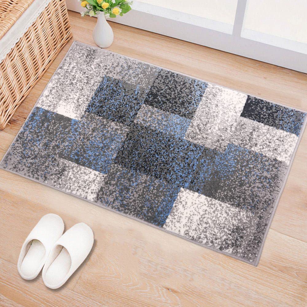 Distressed Boxes Blue Area Rug 2x3 Feet - Modern Farmhouse Decor for Living Room, Bedroom & Office - Soft Non-Slip Floor Mat