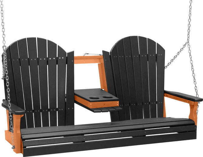 Premium 5ft Black Adirondack Porch Swing with Cup Holder - Eco-Friendly Recycled Plastic Outdoor Furniture for Patio, Garden & Backyard Relaxation