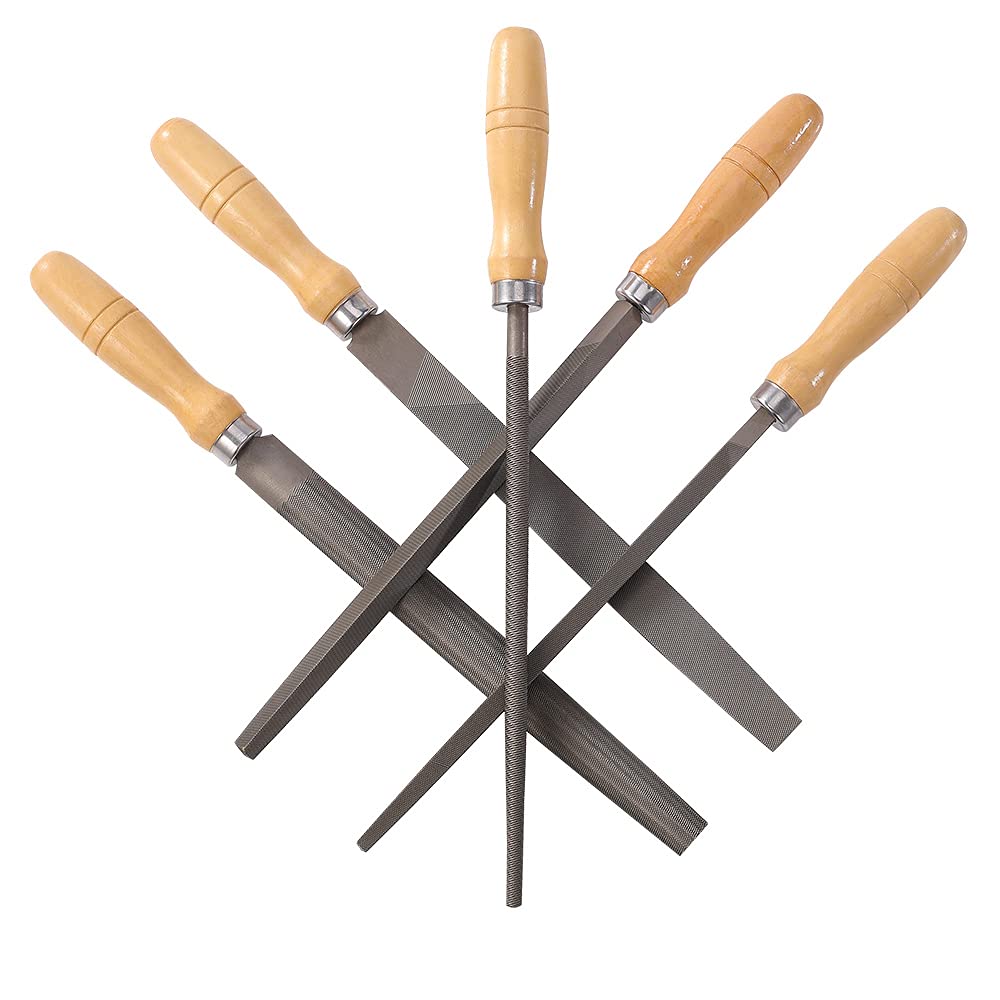 5-Piece Carbon Steel File Set with Wooden Handles - Wood, Metal & Plastic Files - Heavy Duty Steel File for DIY, Carpentry & Metalworking Projects