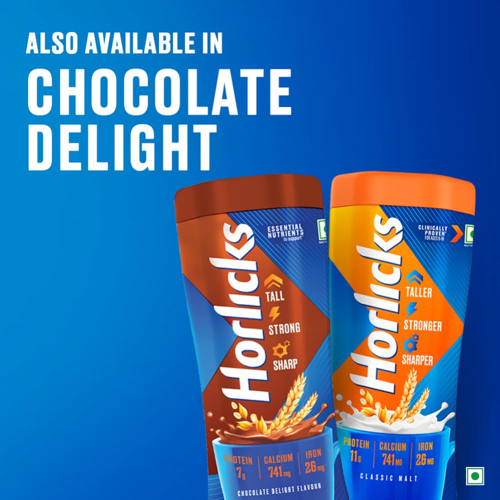 Horlicks Classic Malt Nutrition Drink Powder - 500g Jar for Kids | Clinically Proven to Support Growth, Strength & Brain Development | Perfect for Breakfast, Snacks & Bedtime