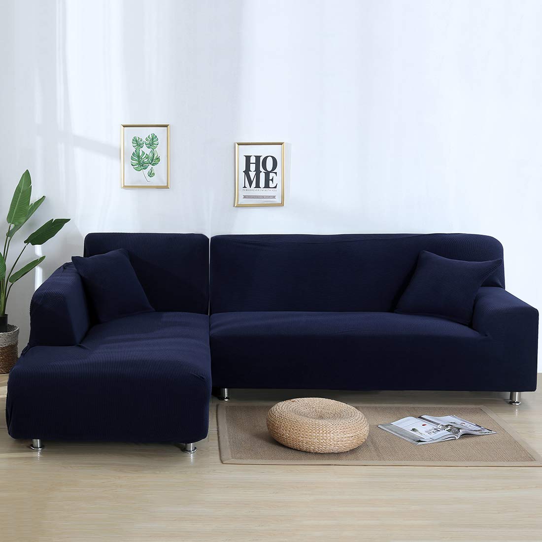 MIFXIN Jacquard L-Shaped Sofa Cover 2-Piece Stretch Polyester Slipcover - Sofa Protector for Sectional Couches, Dark Blue - Perfect for Living Room Decor & Home Protection
