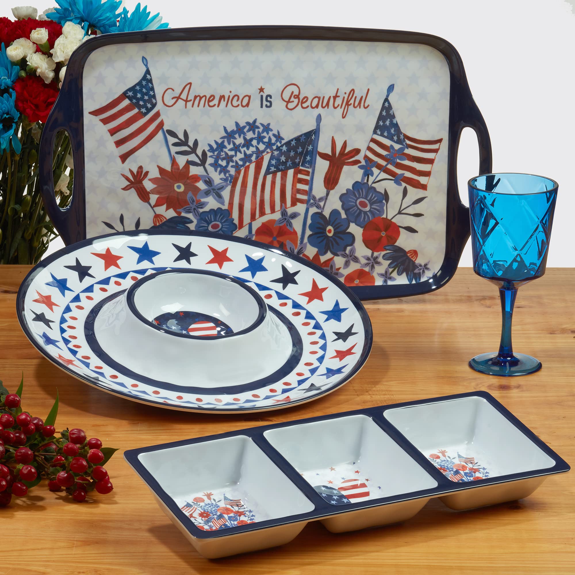 Certified International Stars & Stripes 12-Piece Melamine Dinnerware Set - Service for 4, Durable & Colorful Plates, Bowls & Mugs - Perfect for Outdoor Dining, Picnics & Patriotic Parties