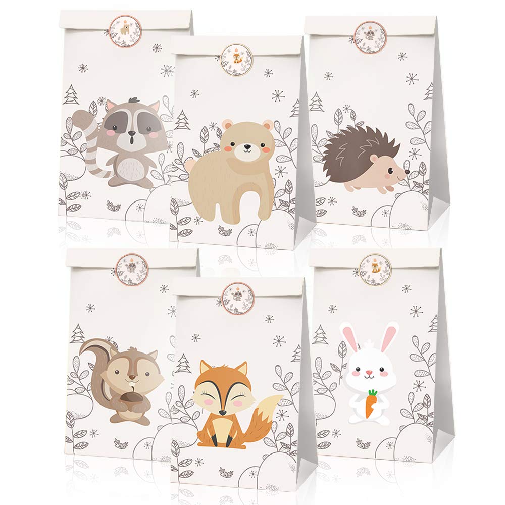 24pcs Forest Animals Party Favor Bags - Fox, Raccoon & Woodland Theme Paper Gift Bags with 36pcs Animal Stickers for Kids Birthday Party Favors, Baby Shower & Classroom Treats