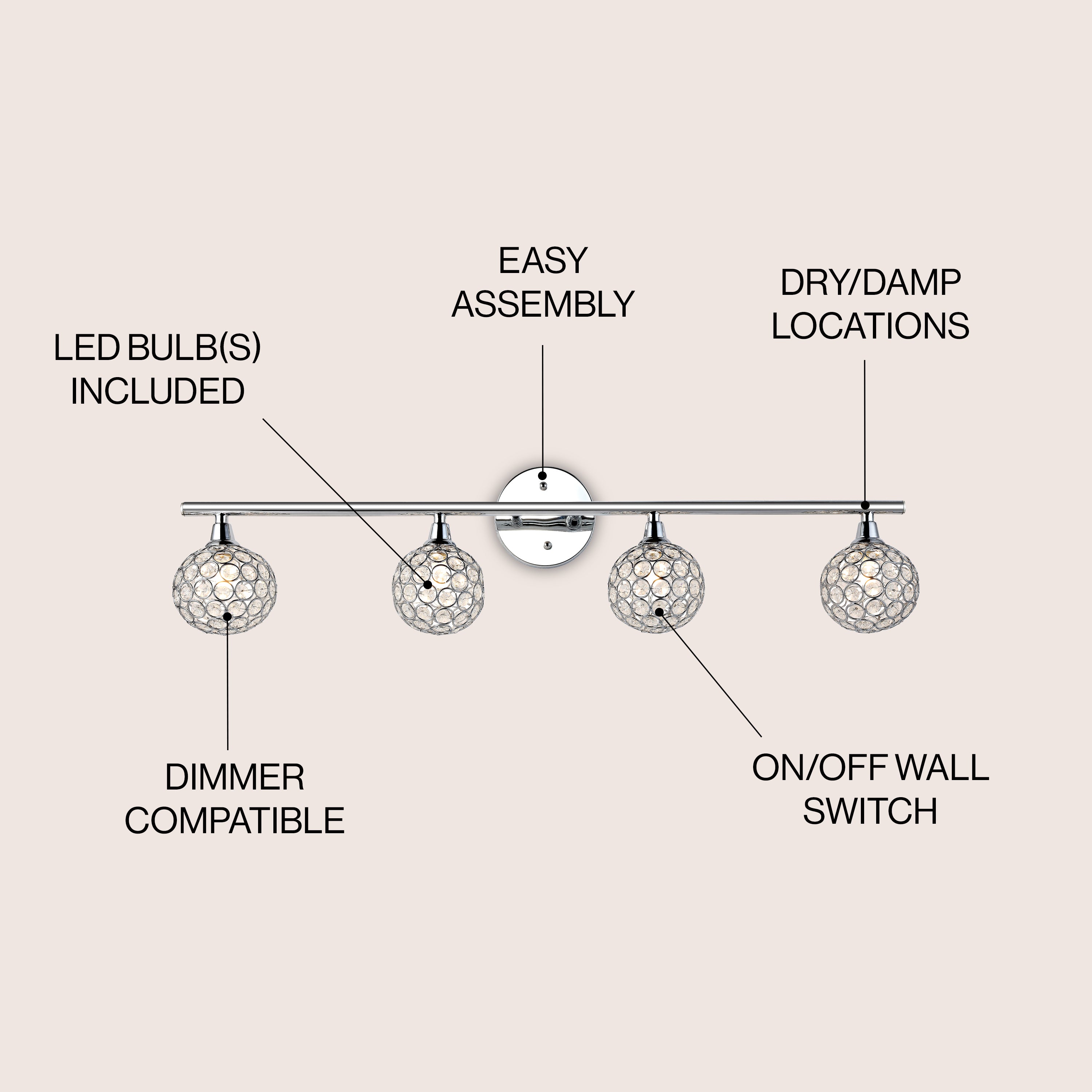 Maeve Iron and Glass Contemporary Glam LED Vanity Light - Modern Bathroom Lighting for Makeup and Dressing Room - Perfect for Bedroom, Powder Room, and Luxury Home Decor