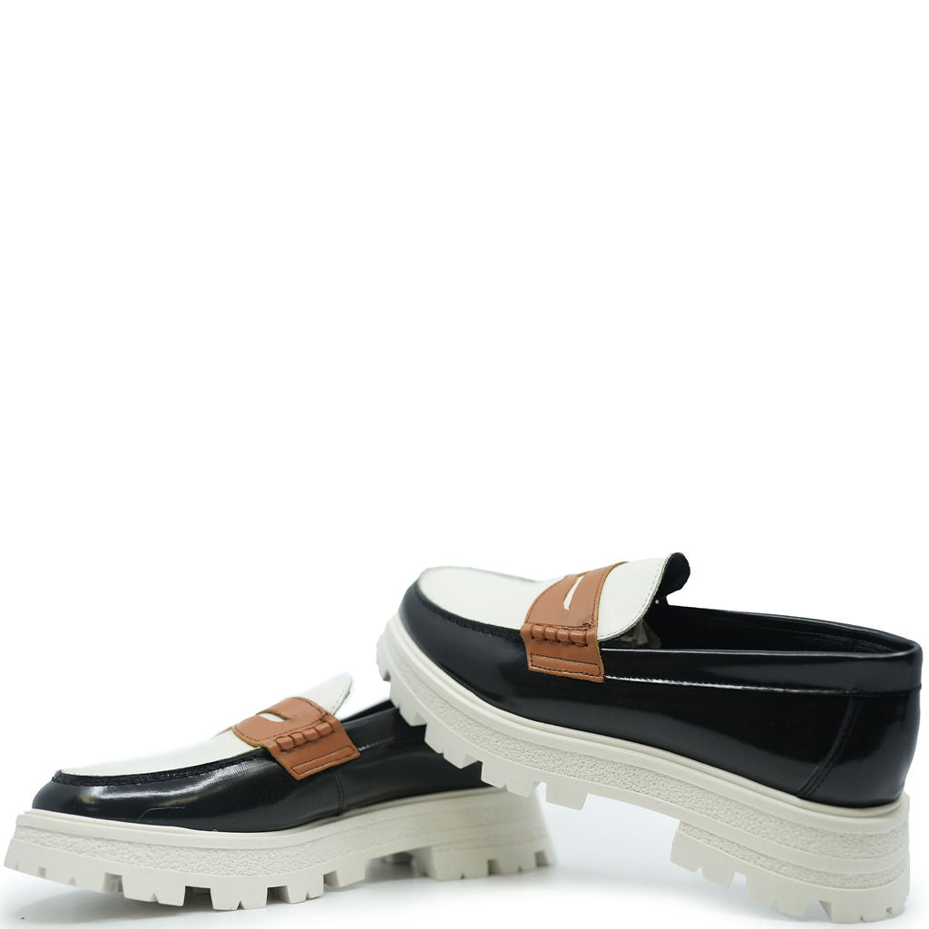 Blublonc Women's Black and Ivory Chunky Loafer Shoes - Comfortable Slip-On Casual Flats for Work, Office & Everyday Wear